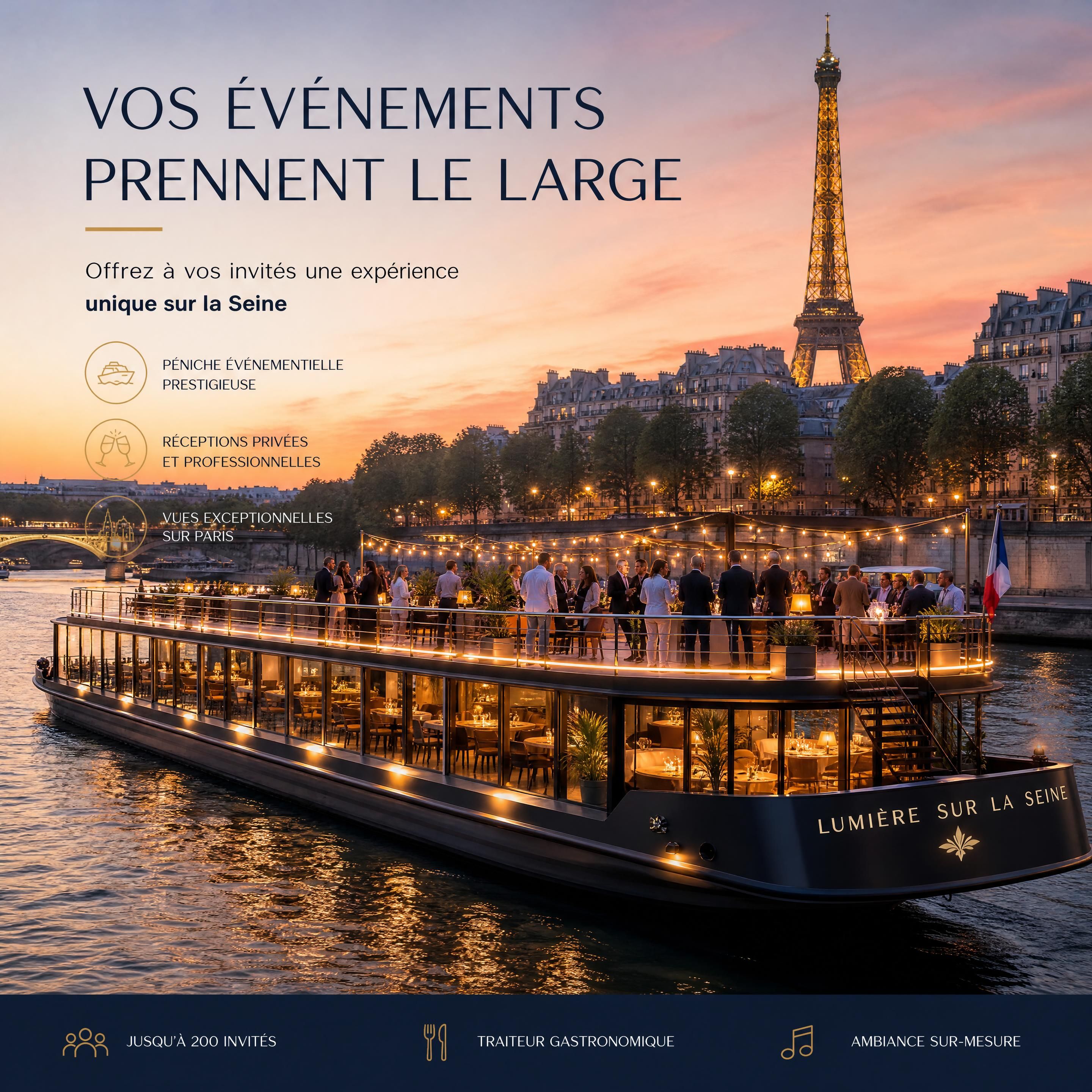péniche événementielle illuminée sur la Seine à Paris au coucher du soleil avec invités sur le pont supérieur