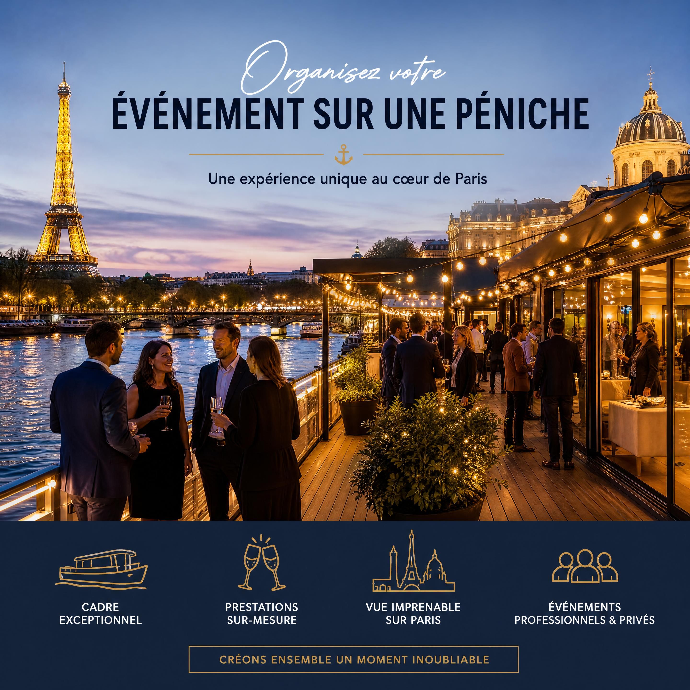 soirée événementielle sur une péniche parisienne illuminée au bord de la Seine avec invités, terrasse et vue sur les monuments de Paris