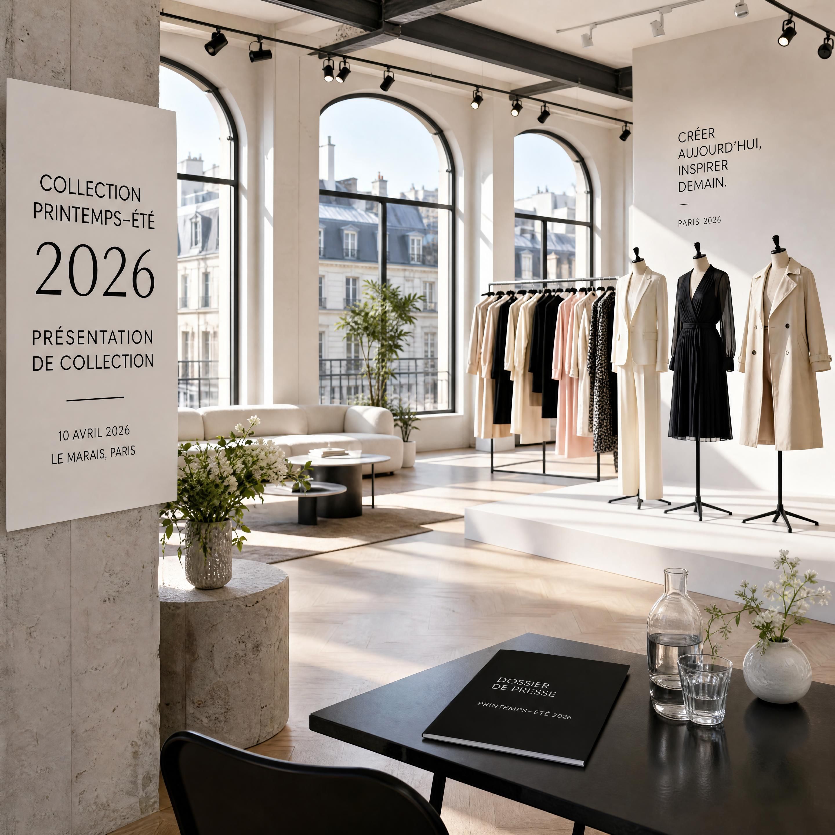 Un loft showroom lumineux dans le Marais à Paris aménagé pour une présentation de collection de mode en 2026