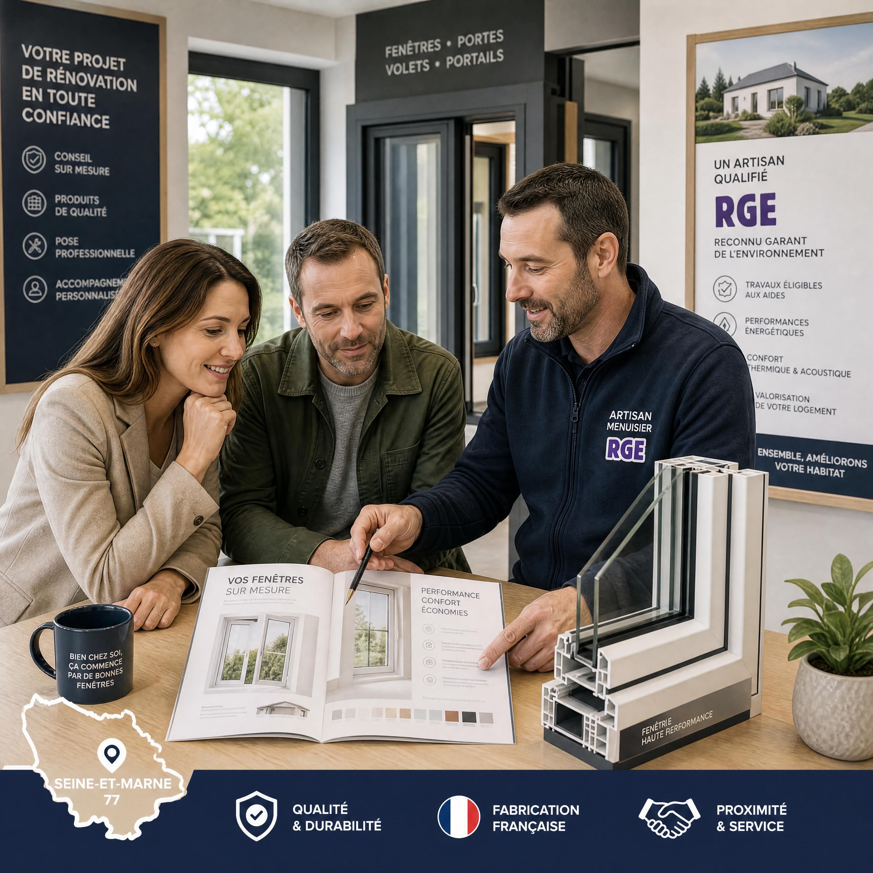 Rénovation fenêtres RGE 77 : les dernières évolutions 2026 à connaître avant vos travaux 1 Propriétaires en Seine-et-Marne consultant un projet de rénovation de fenêtres avec un artisan qualifié RGE dans un showroom de menuiserie