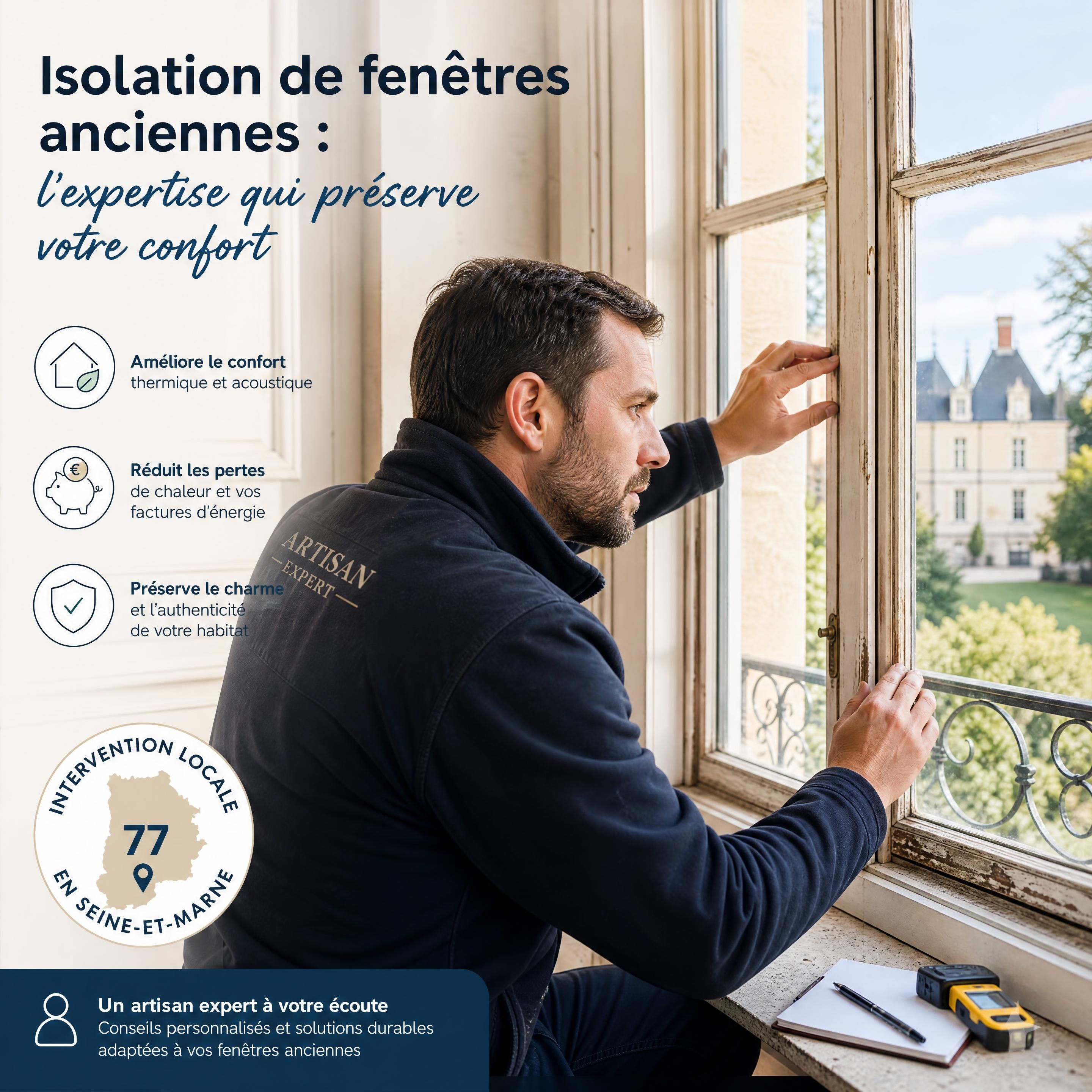 Guide Pratique : Comment Réussir Votre Rénovation Énergétique en Seine-et-Marne 1 Artisan expert inspectant l'isolation d'une fenêtre ancienne dans une maison de Seine-et-Marne