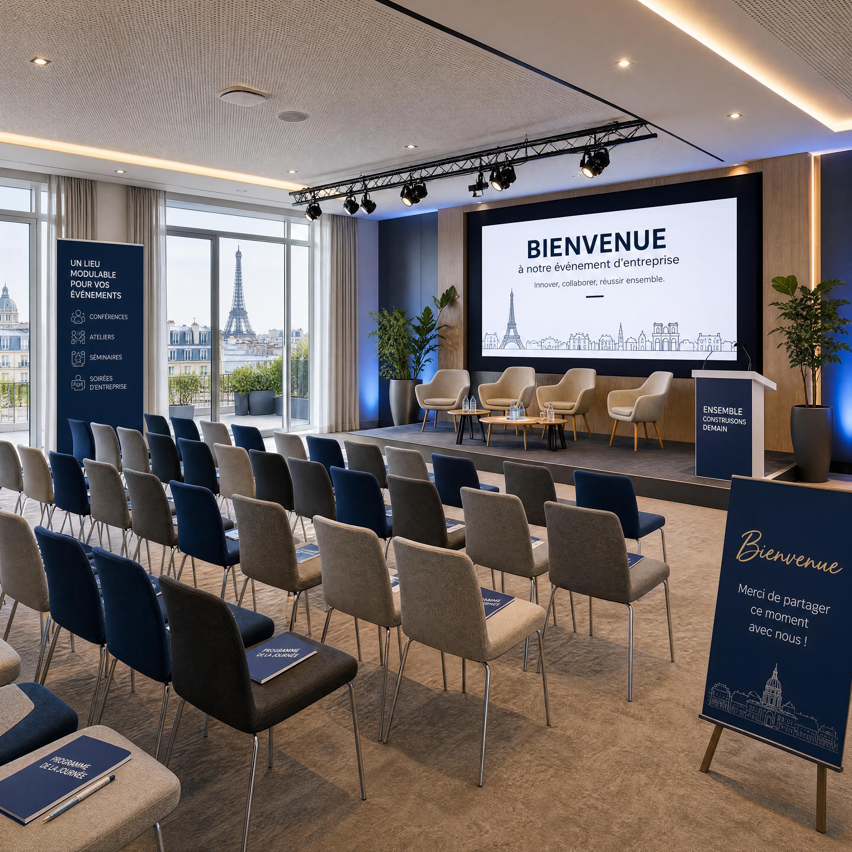 Vue intérieure d'une salle de conférence moderne et modulable à Paris prête pour un événement d'entreprise