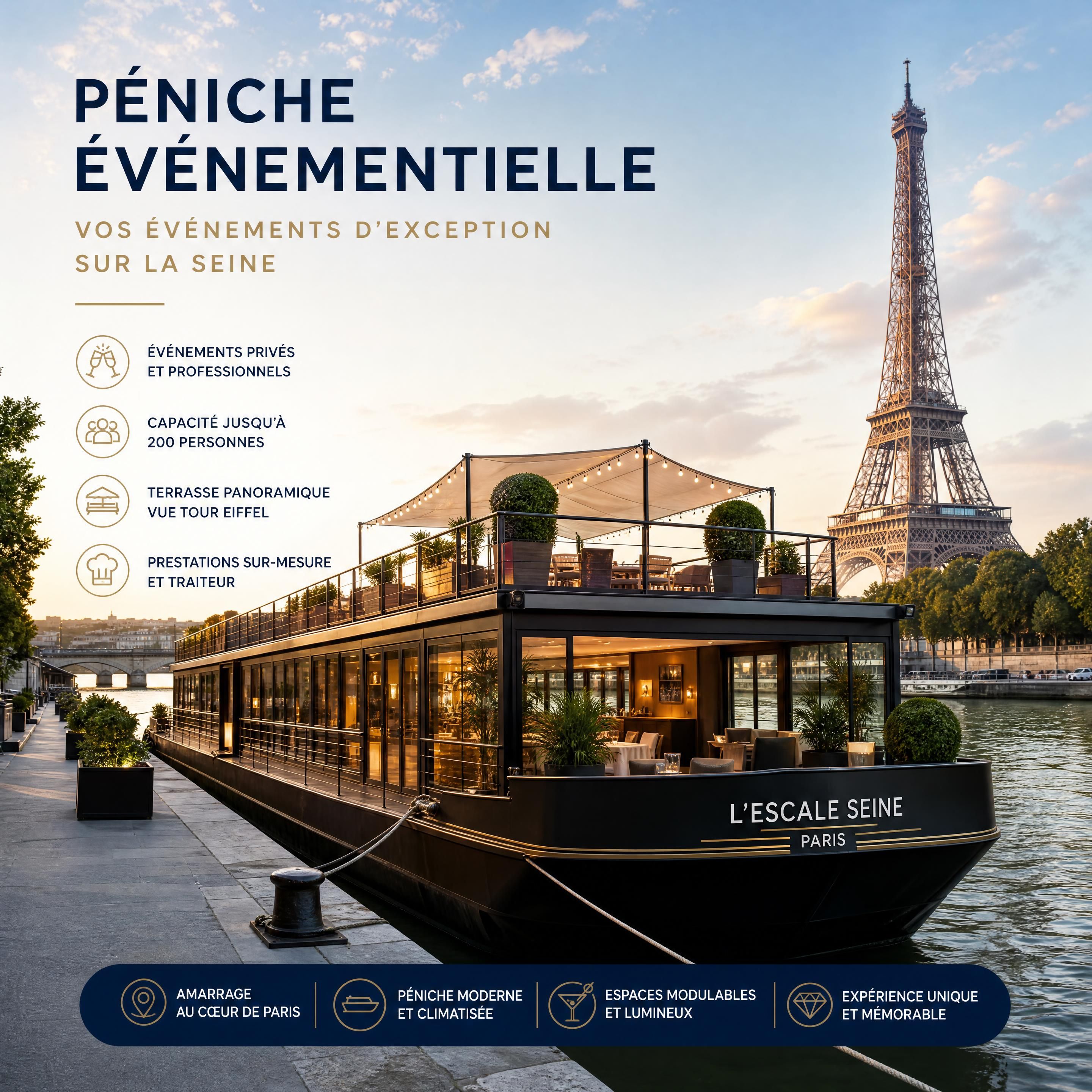 Péniche événementielle moderne amarrée sur la Seine à Paris avec vue sur la Tour Eiffel