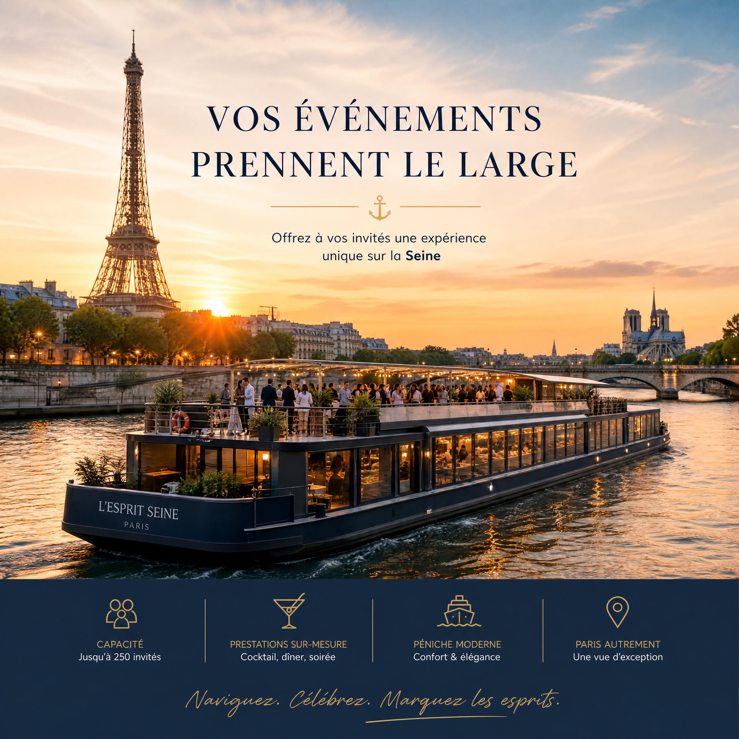Vue panoramique d'une péniche événementielle moderne naviguant sur la Seine au coucher du soleil avec Paris en arrière-plan
