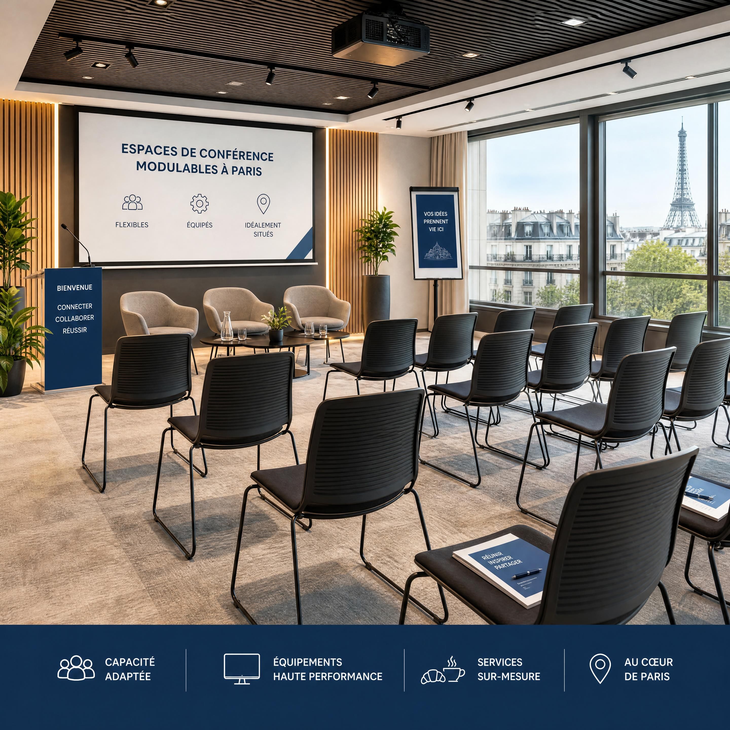Vue intérieure d'un espace de conférence moderne et modulable à Paris avec configuration professionnelle