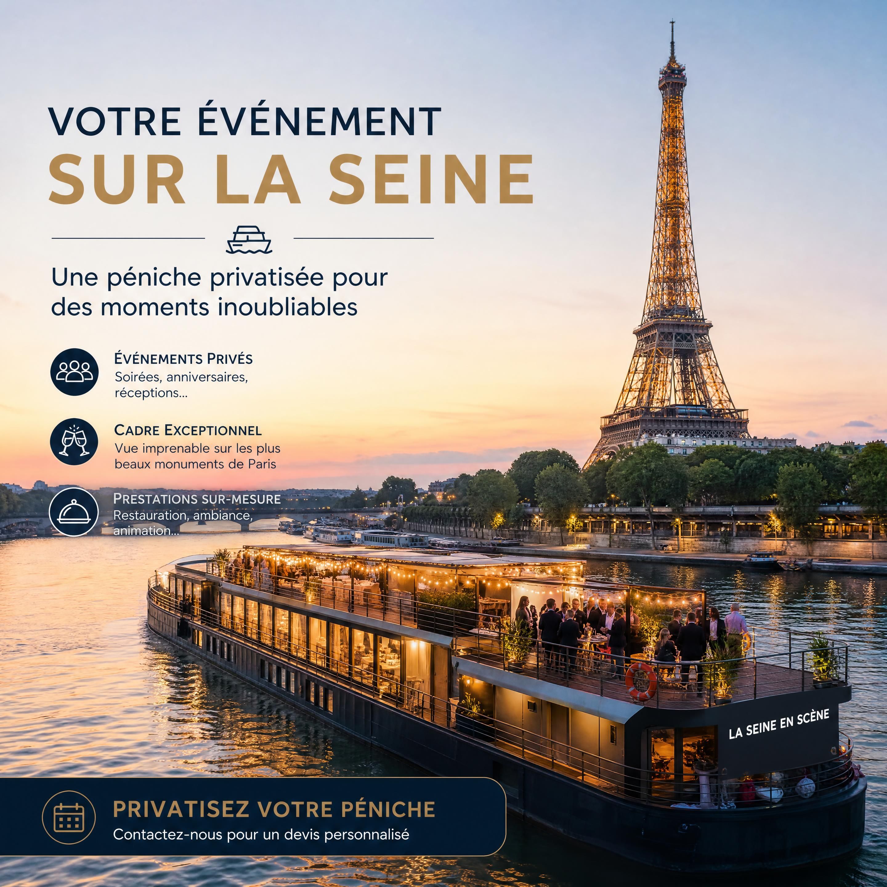 Vue panoramique d'une péniche événementielle privatisée sur la Seine avec la Tour Eiffel en arrière-plan