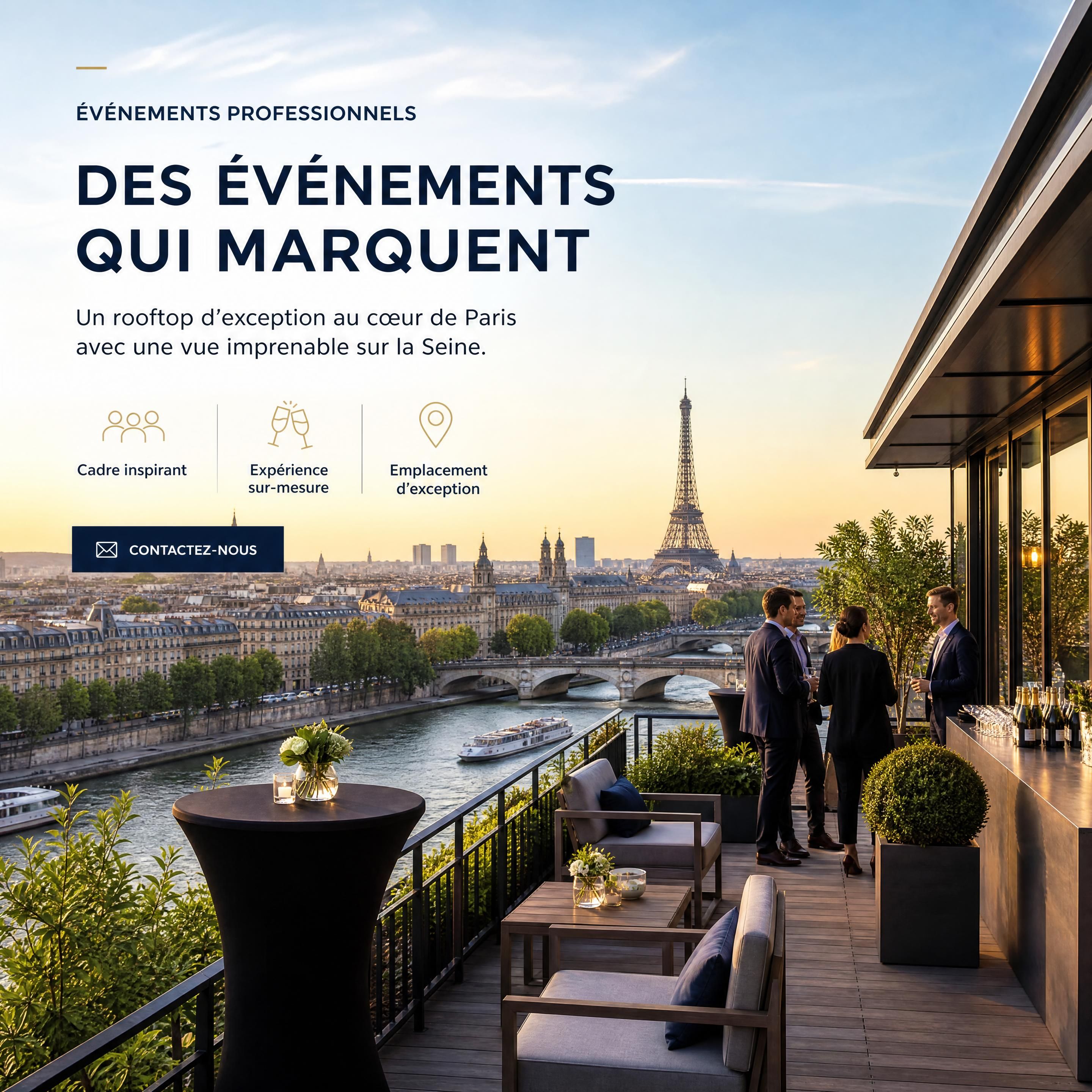 Vue panoramique d'un rooftop moderne à Paris avec vue sur la Seine pour un événement professionnel