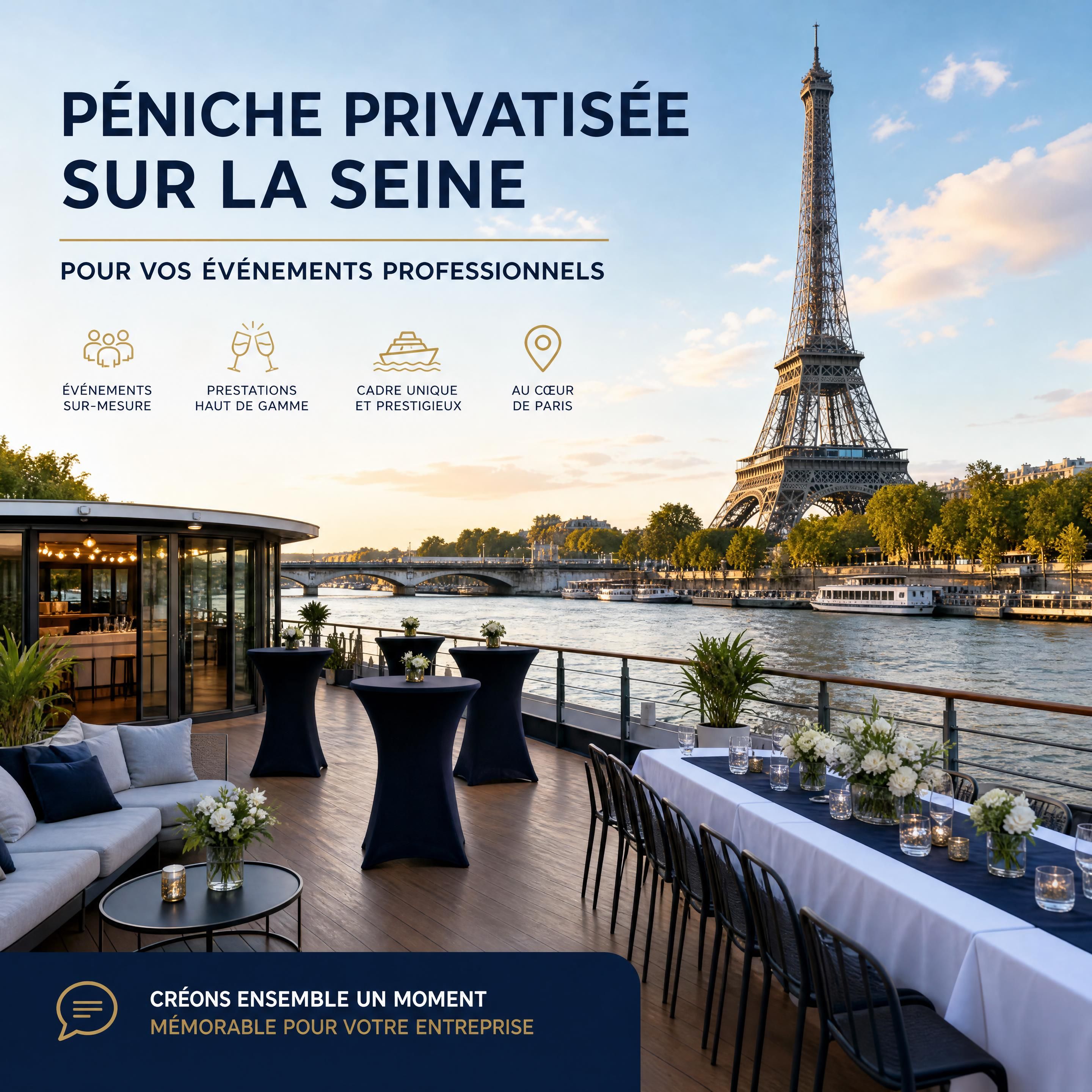 Vue panoramique d'une péniche privatisée sur la Seine avec la Tour Eiffel en arrière-plan pour un événement professionnel