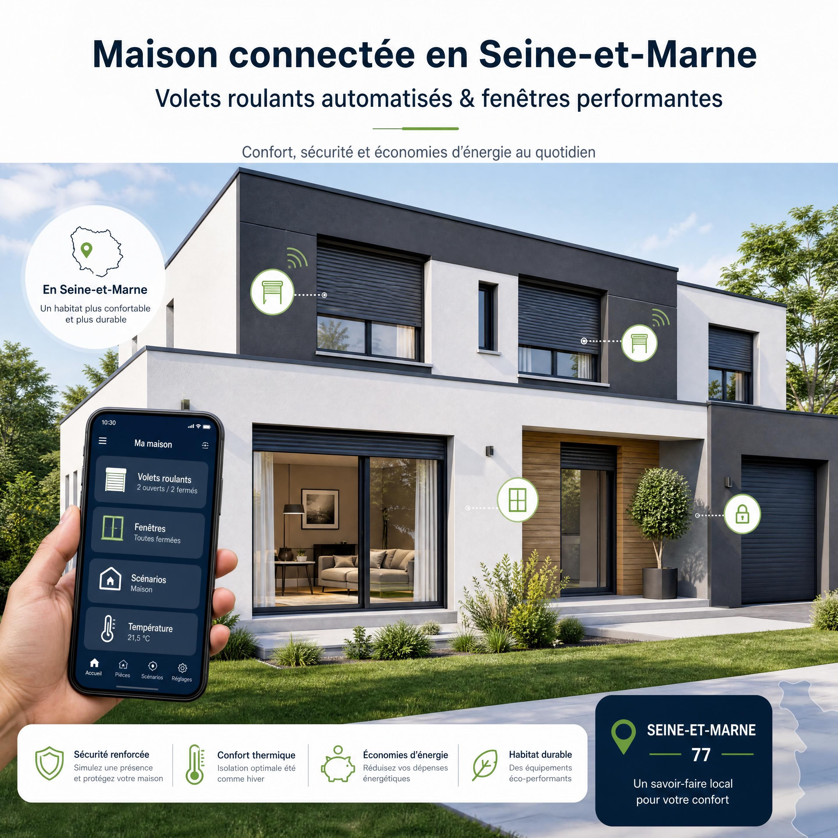 L’avenir de la menuiserie en Seine-et-Marne : Tendances et innovations pour une rénovation durable 1 Illustration d'une maison moderne connectée avec des volets roulants automatisés et des fenêtres performantes en Seine-et-Marne