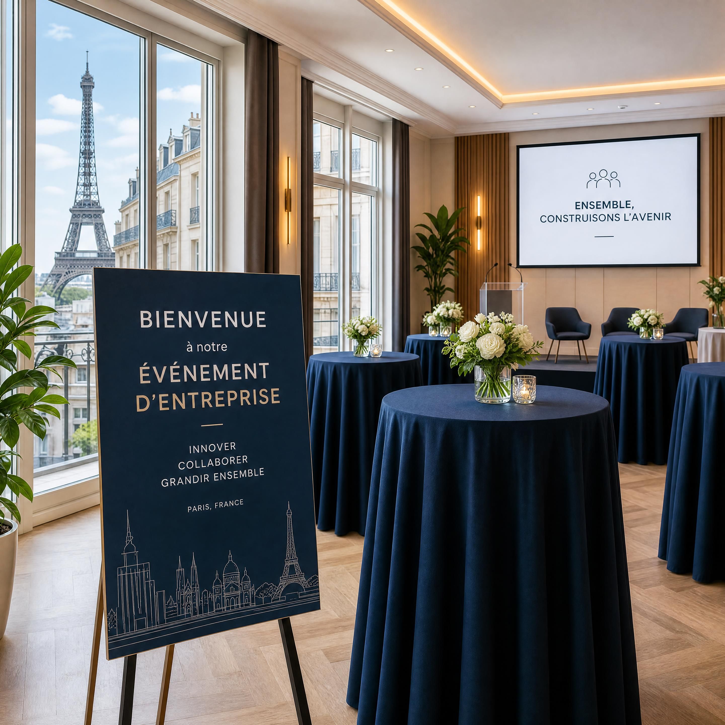 Vue élégante d'une salle de réception moderne et lumineuse aménagée pour un événement d'entreprise à Paris