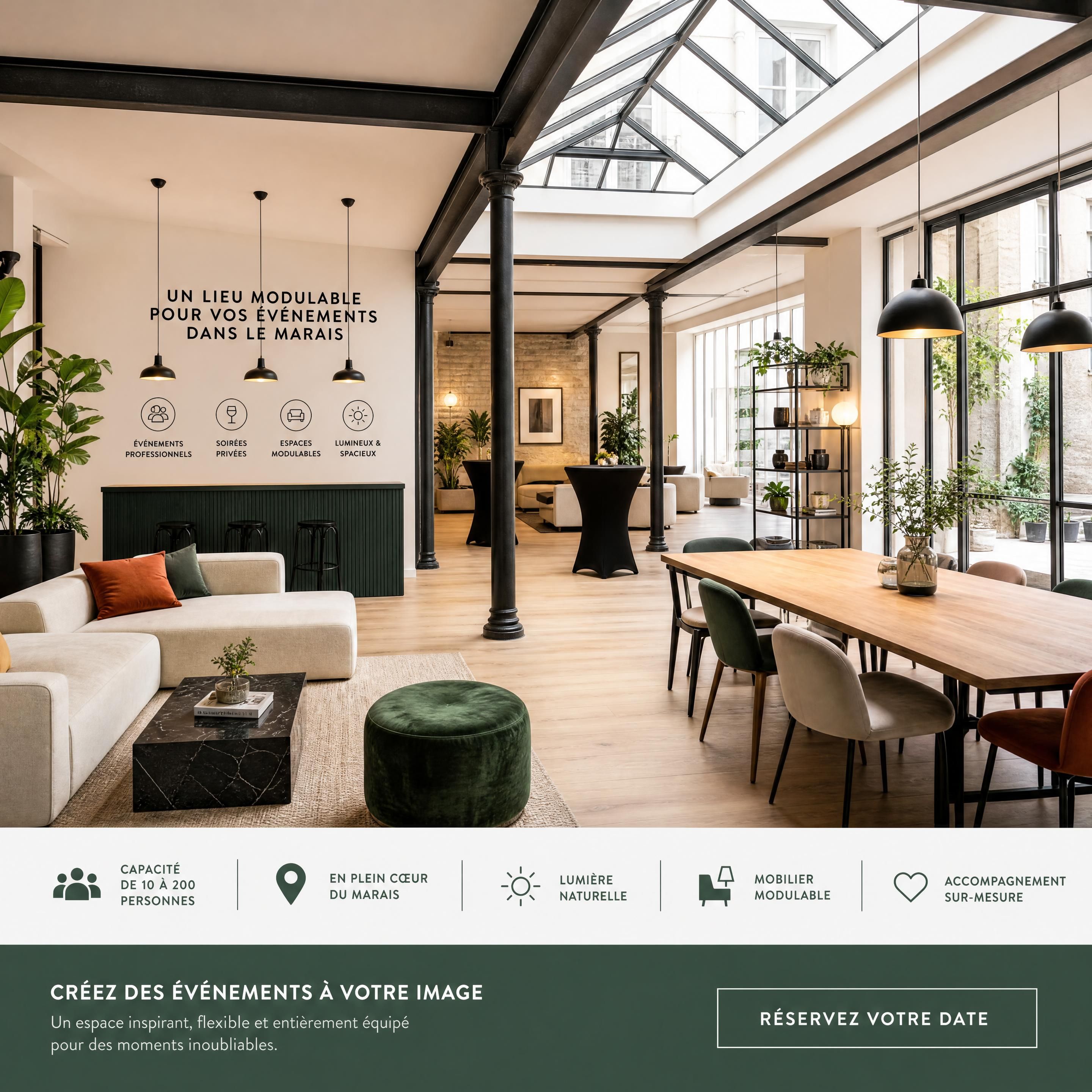 Vue intérieure d'un loft événementiel lumineux et spacieux dans le Marais avec une décoration contemporaine et modulable