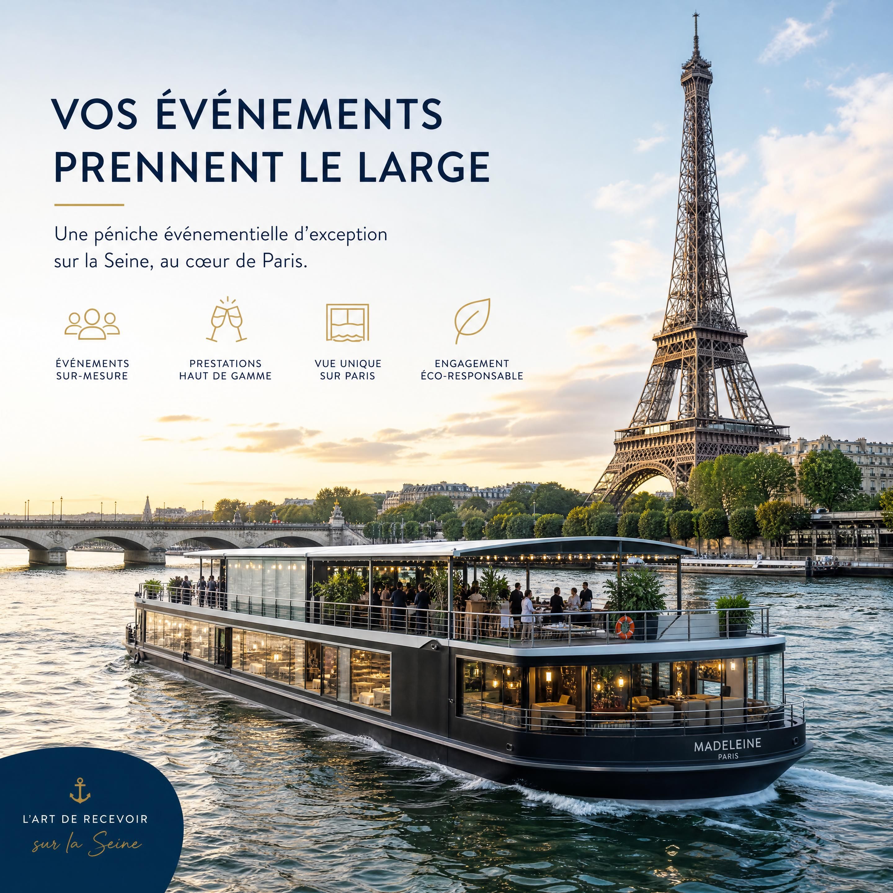 Vue panoramique sur une péniche événementielle moderne naviguant sur la Seine à Paris avec la Tour Eiffel en arrière-plan