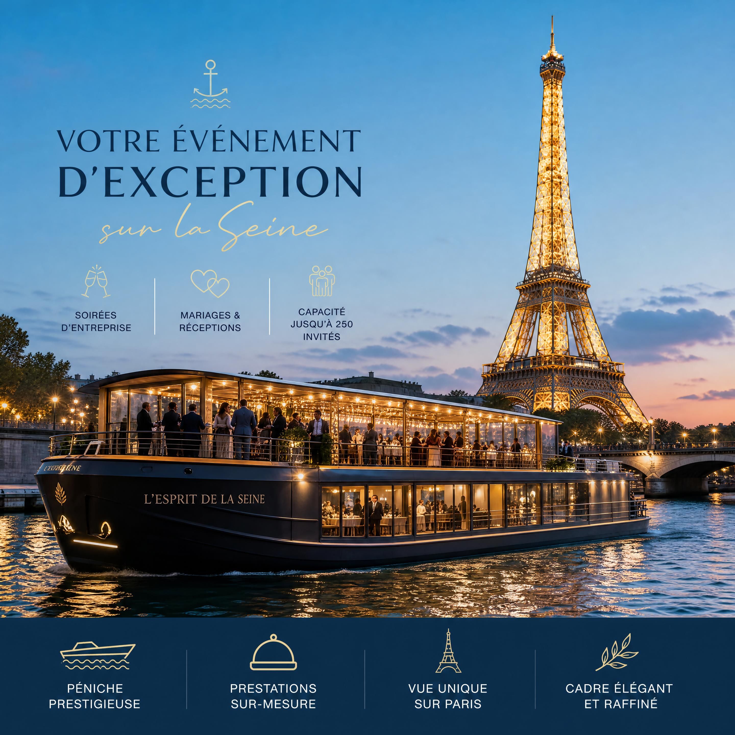 Une élégante péniche événementielle naviguant sur la Seine à Paris devant la Tour Eiffel illuminée, idéale pour une location de soirée d'entreprise ou de mariage