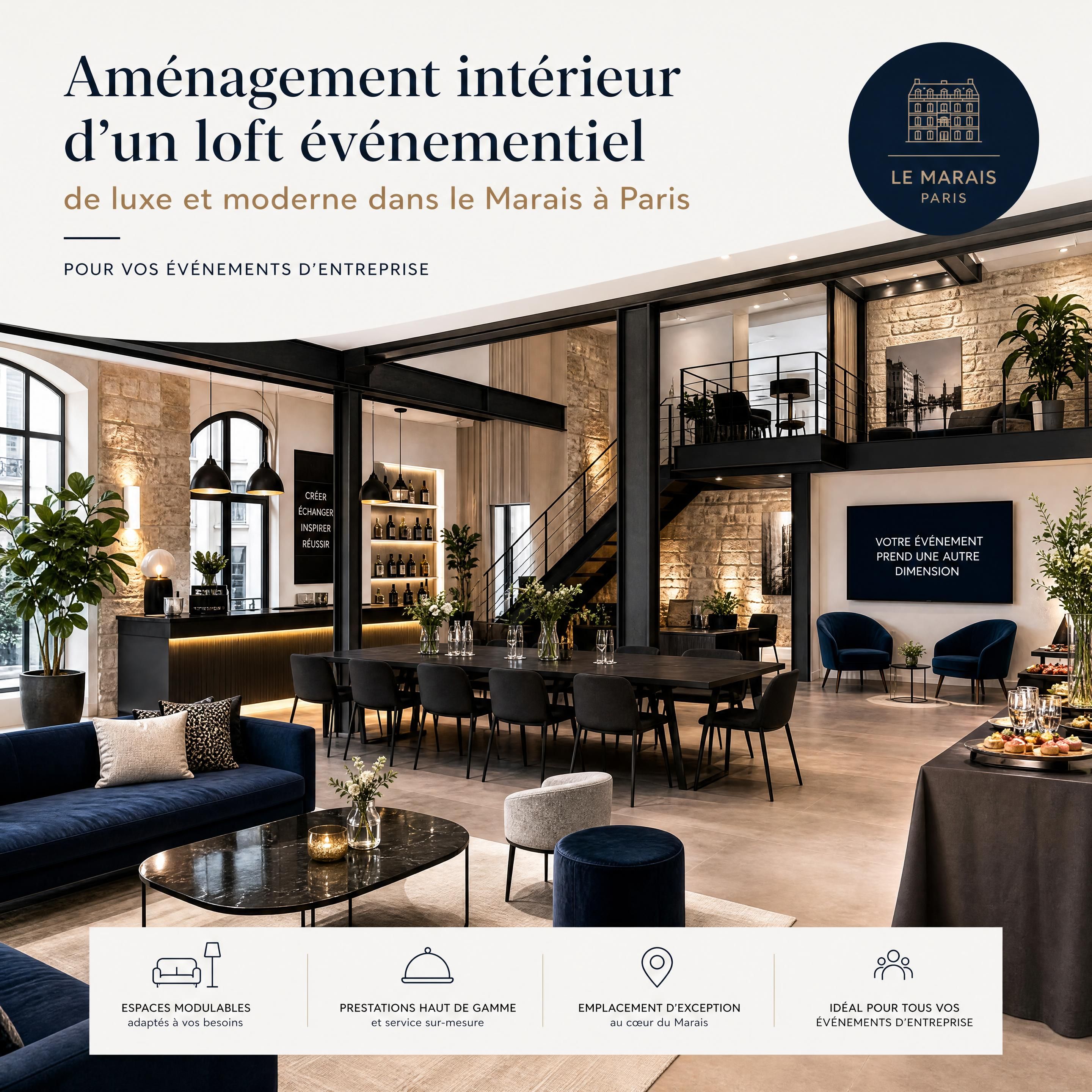 Aménagement intérieur d'un loft événementiel de luxe et moderne dans le Marais à Paris pour un événement d'entreprise