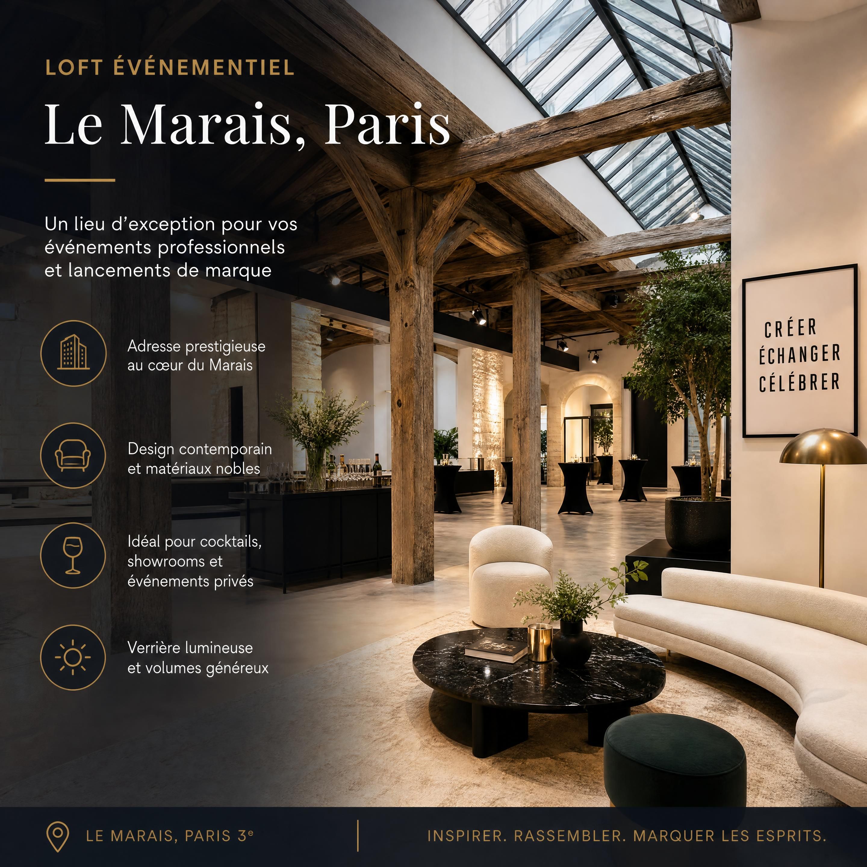 Aménagement intérieur d'un loft événementiel haut de gamme dans le Marais à Paris, mêlant poutres historiques, mobilier design et verrière lumineuse, idéal pour un cocktail d'entreprise ou un showroom de marque