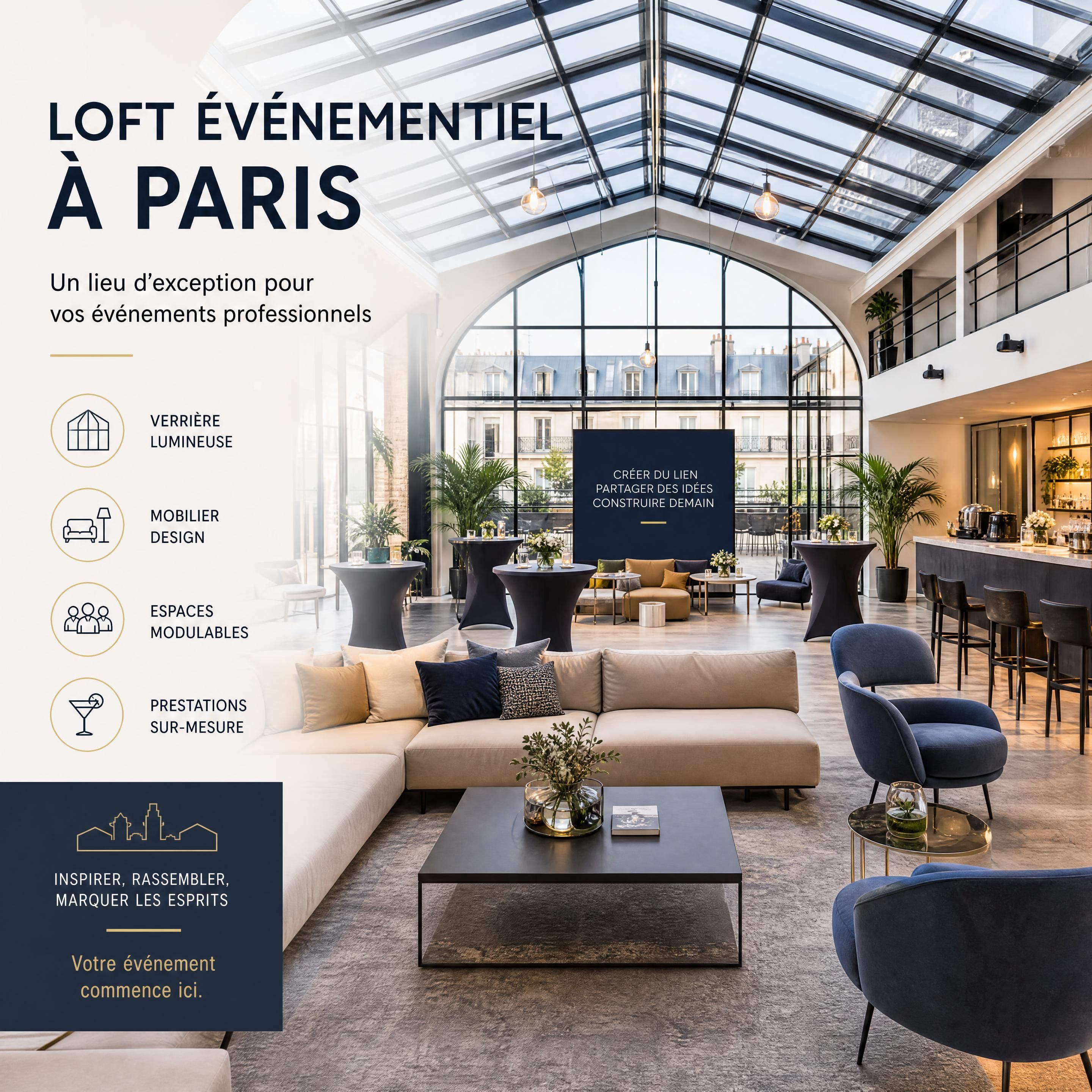 loft evenementiel paris lumineux amenage pour un evenement professionnel avec verriere et mobilier design