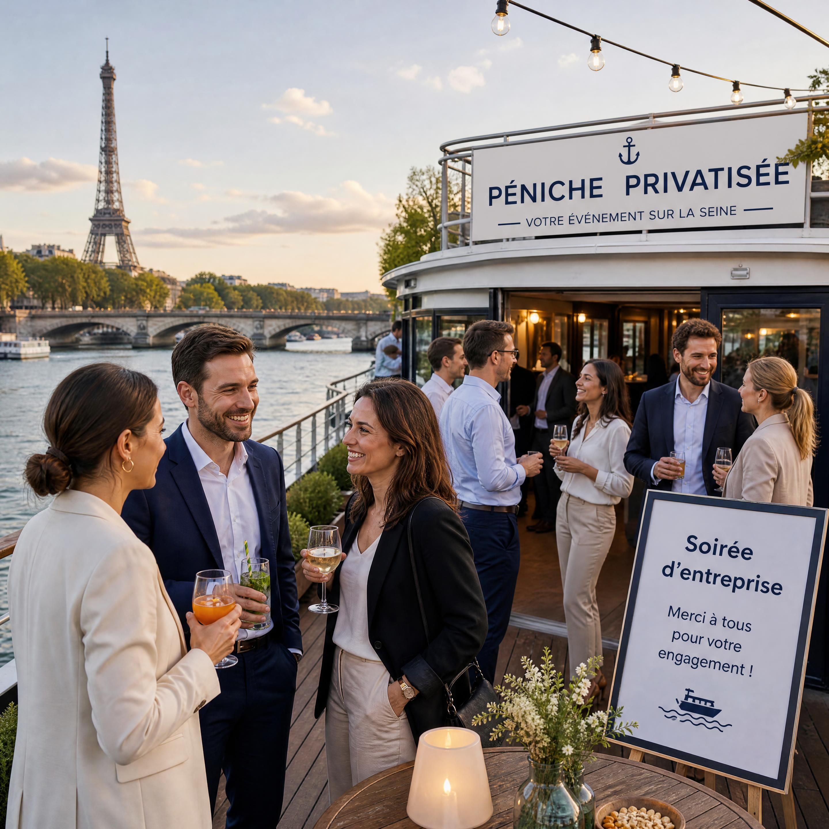 Des collaborateurs profitant d'un cocktail d'entreprise sur la terrasse d'une péniche privatisée naviguant sur la Seine à Paris