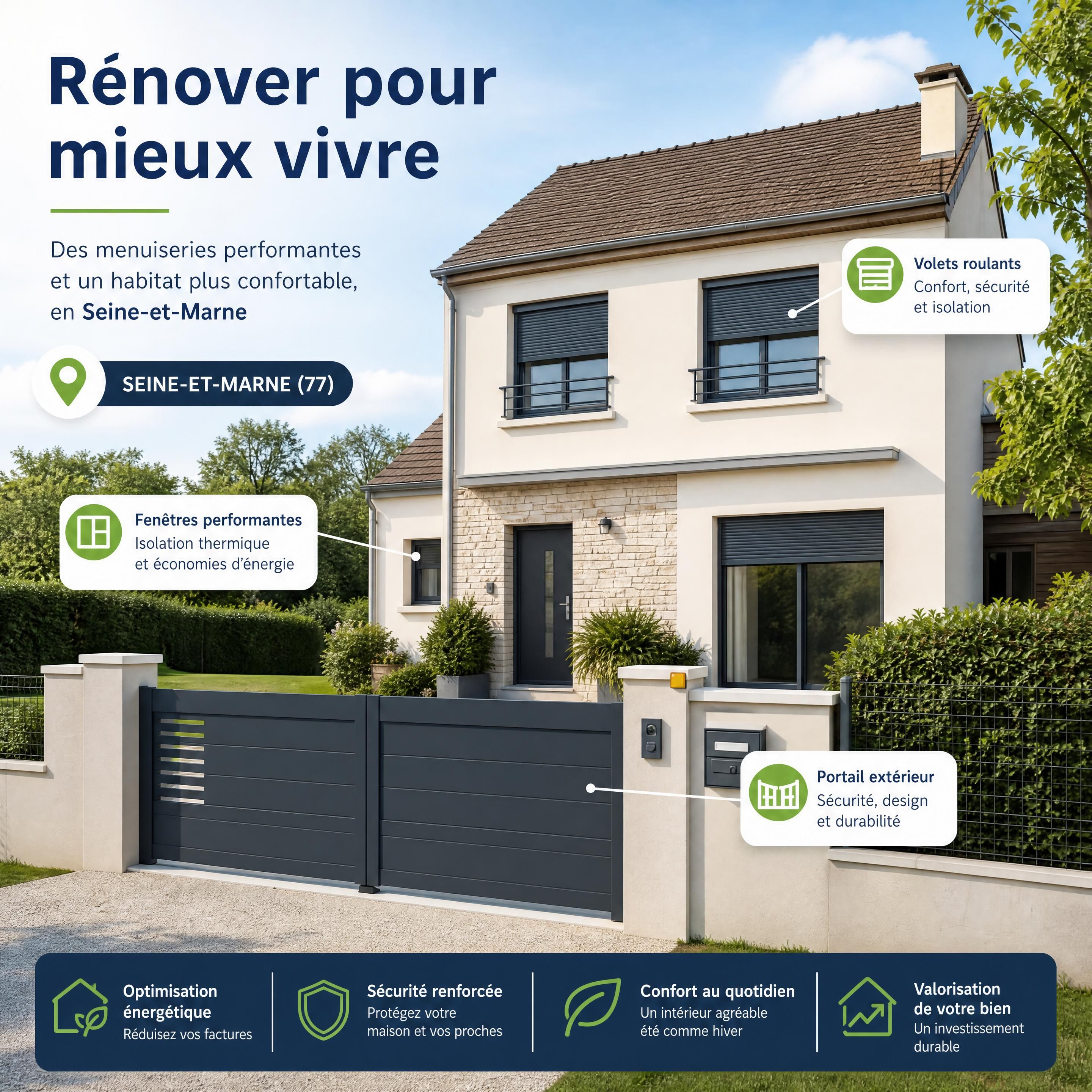 maison rénovée en Seine-et-Marne avec fenêtres performantes, volets roulants et portail extérieur