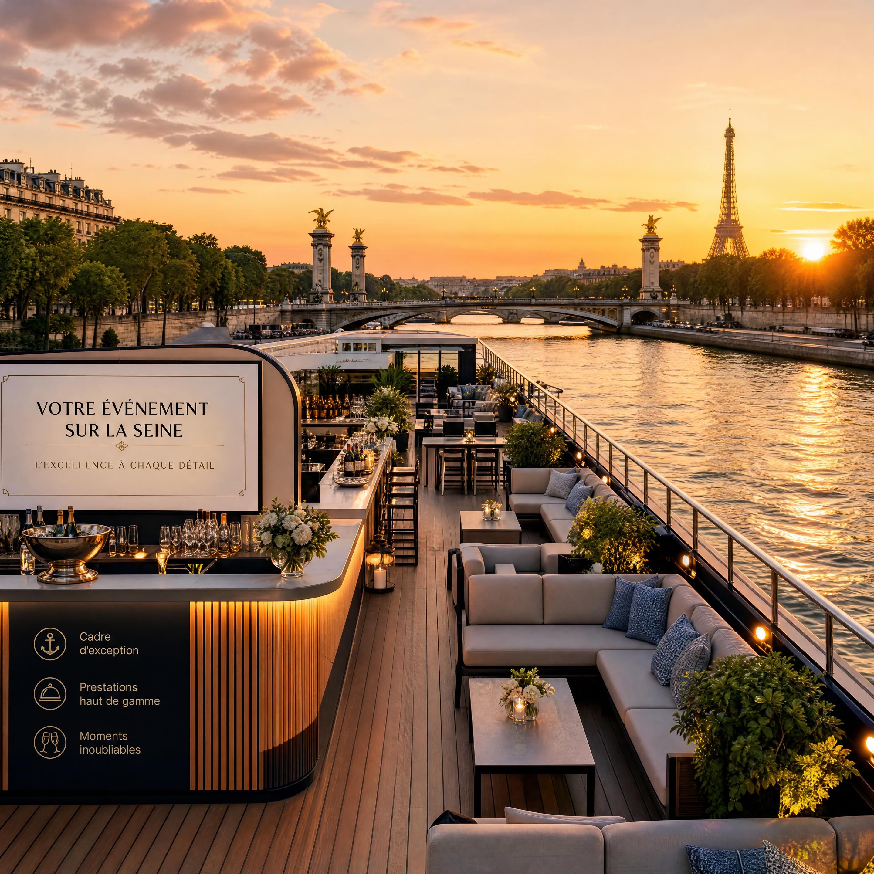 Vue panoramique depuis le pont supérieur d'une péniche événementielle de prestige naviguant sur la Seine à Paris au coucher du soleil