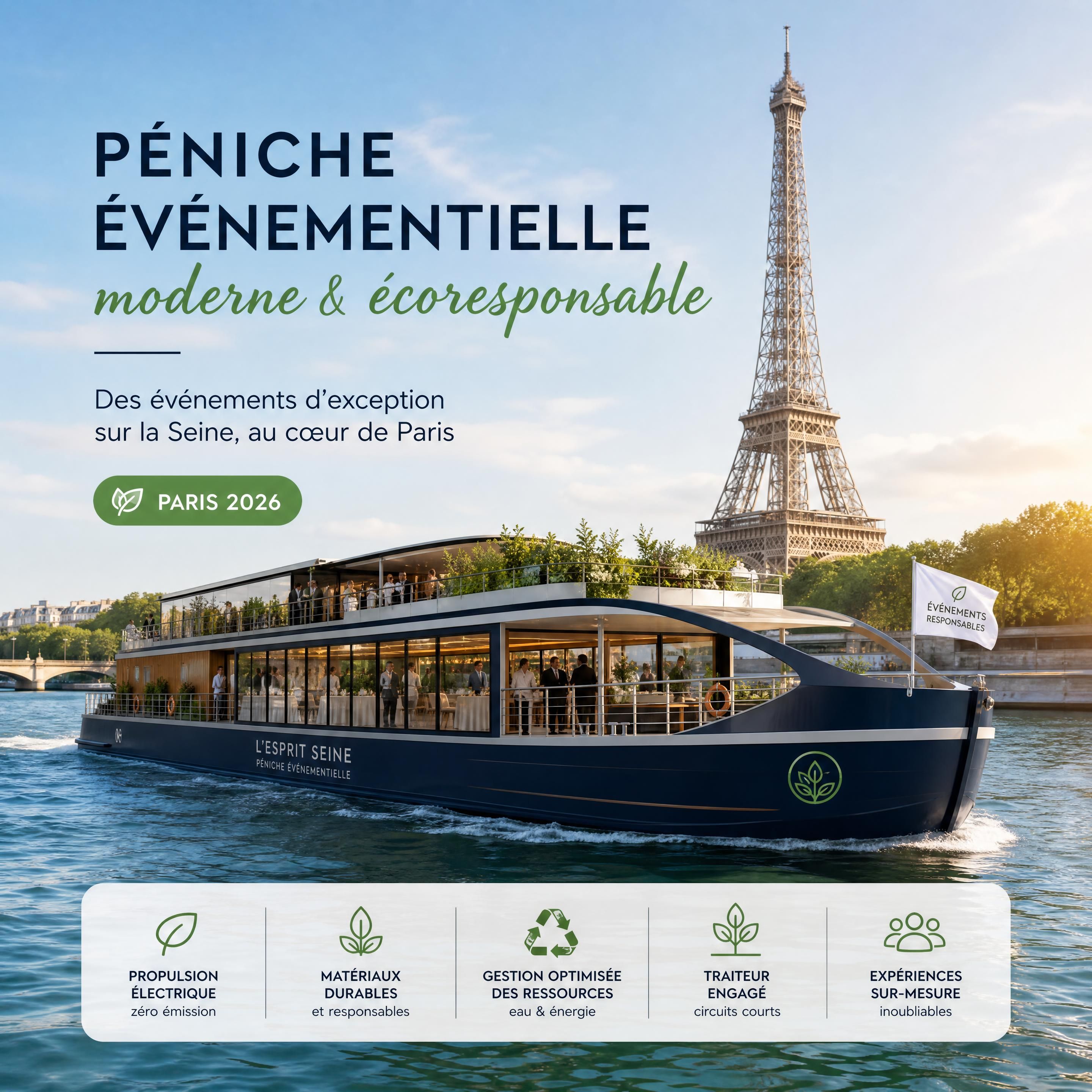 Péniche événementielle moderne et écoresponsable naviguant sur la Seine à Paris devant la Tour Eiffel en 2026