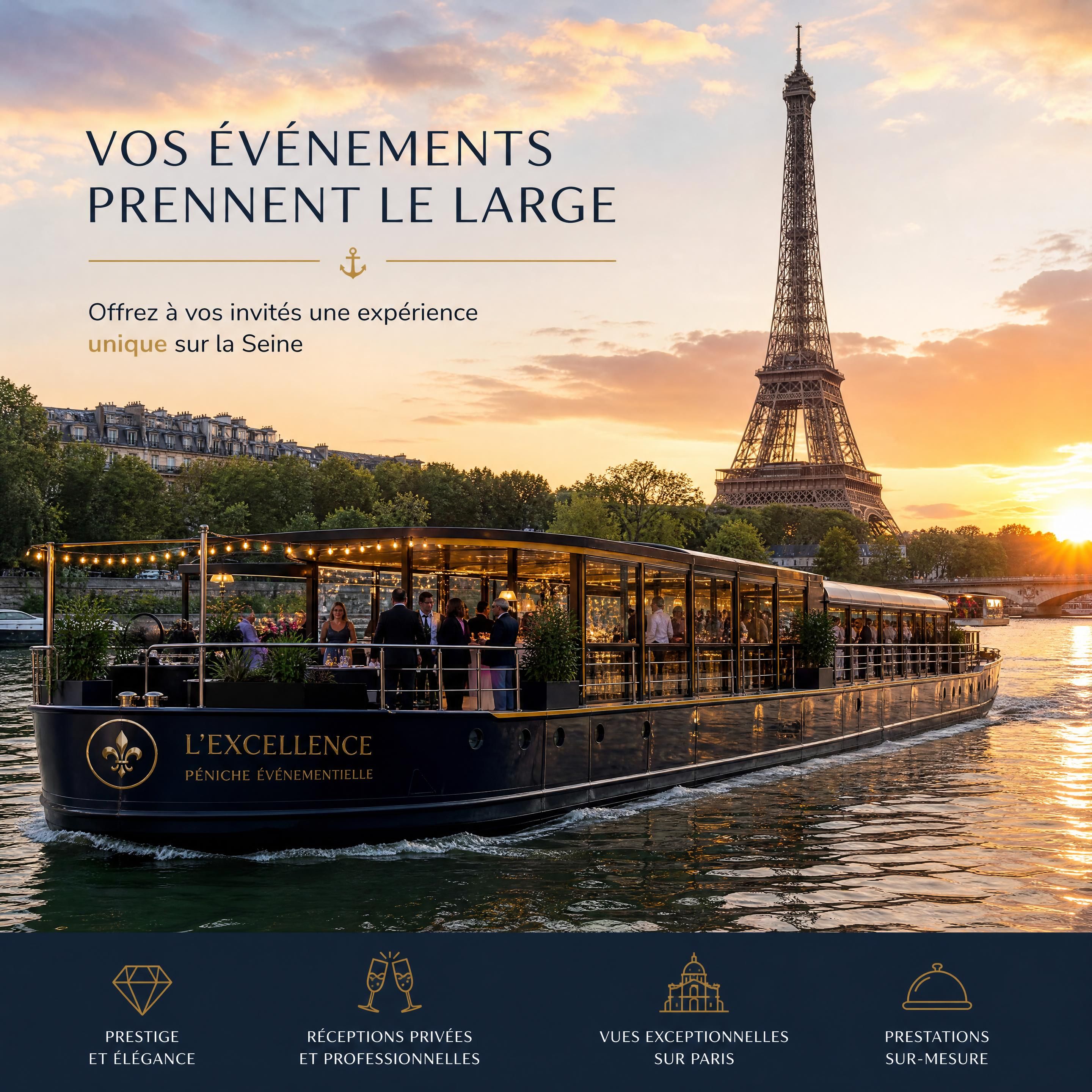 Une péniche événementielle de prestige naviguant sur la Seine à Paris au coucher du soleil devant la Tour Eiffel