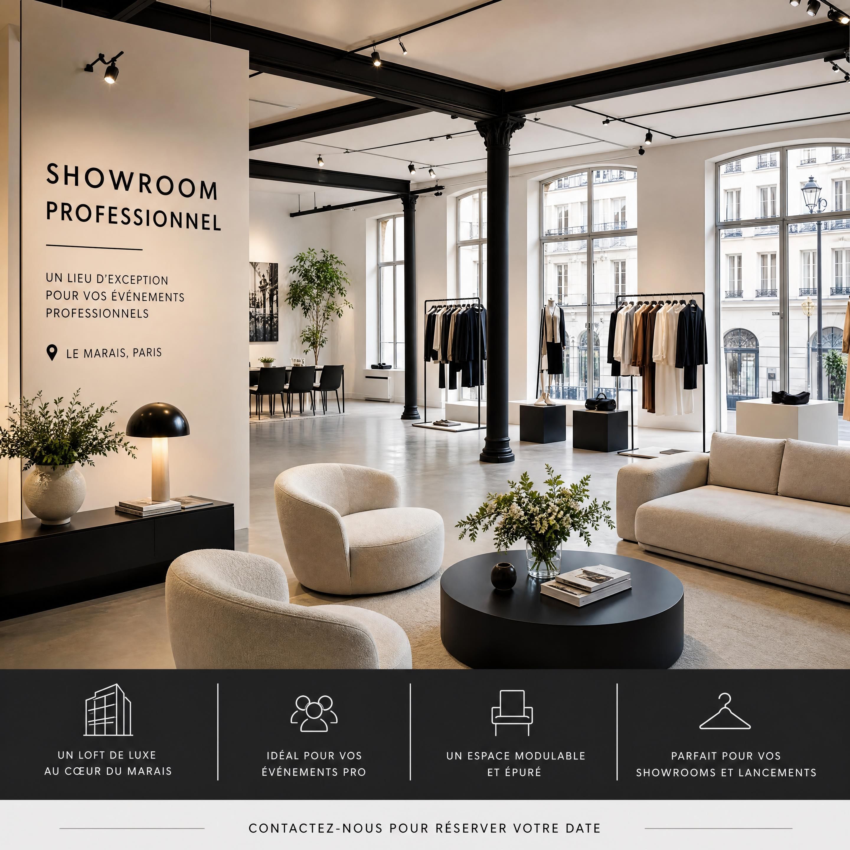 Un loft événementiel de luxe dans le Marais à Paris, aménagé de manière épurée et moderne pour un showroom professionnel