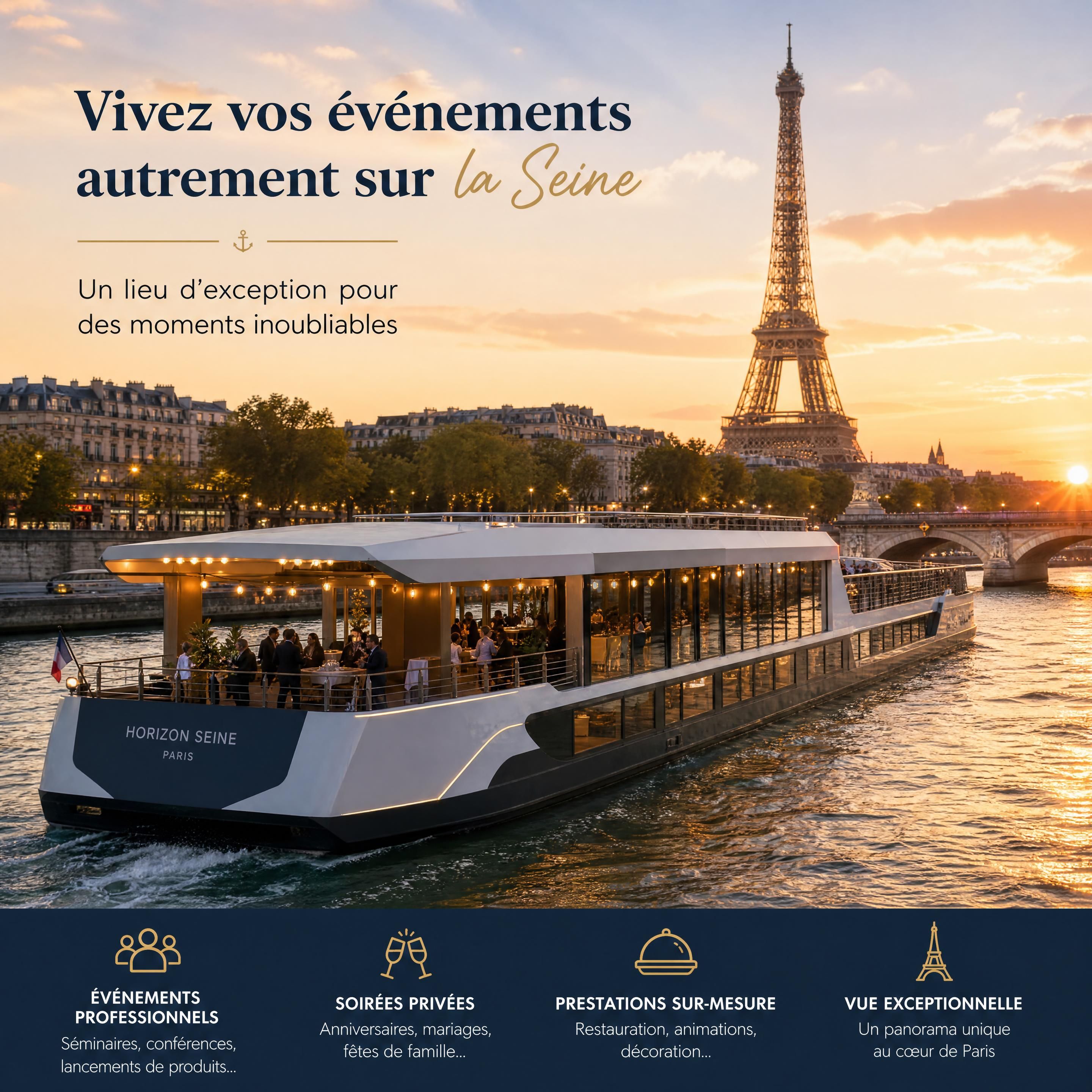 Une péniche événementielle moderne naviguant sur la Seine à Paris au coucher du soleil avec vue sur la Tour Eiffel