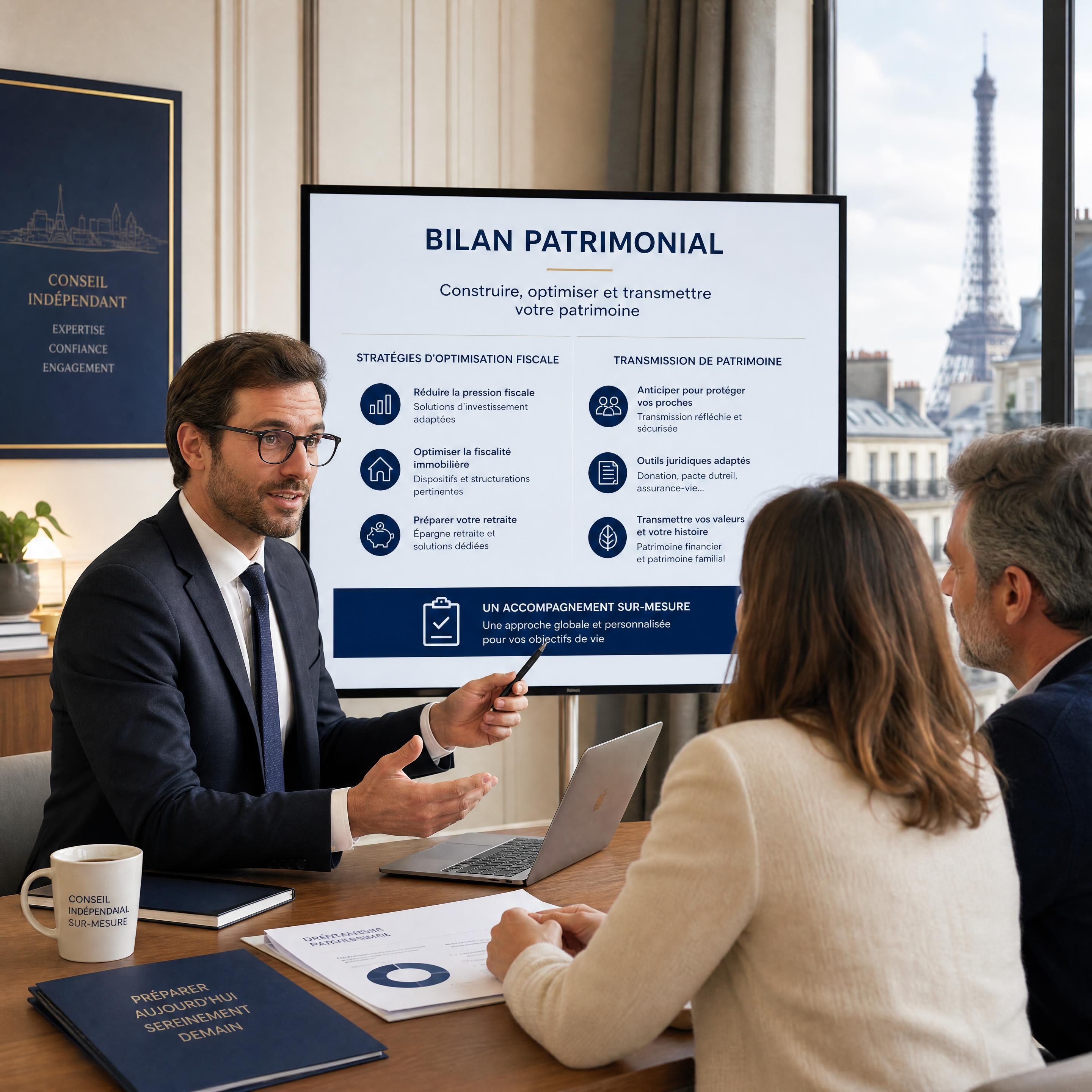 Un conseiller financier à Paris expliquant des stratégies d'optimisation fiscale et de transmission de patrimoine à des particuliers lors d'un bilan patrimonial