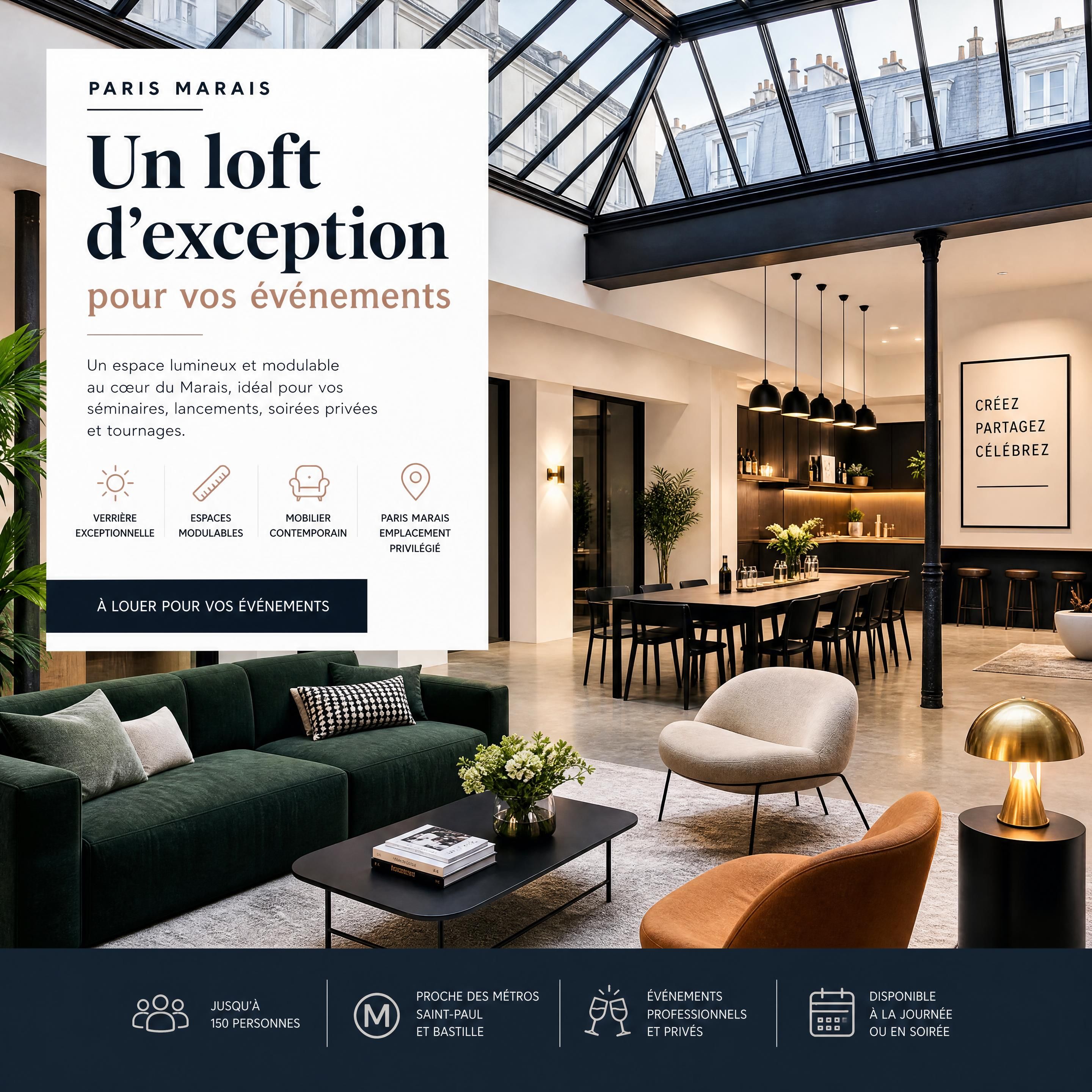 Aménagement design d'un loft événementiel à louer à Paris Marais avec verrière et mobilier contemporain