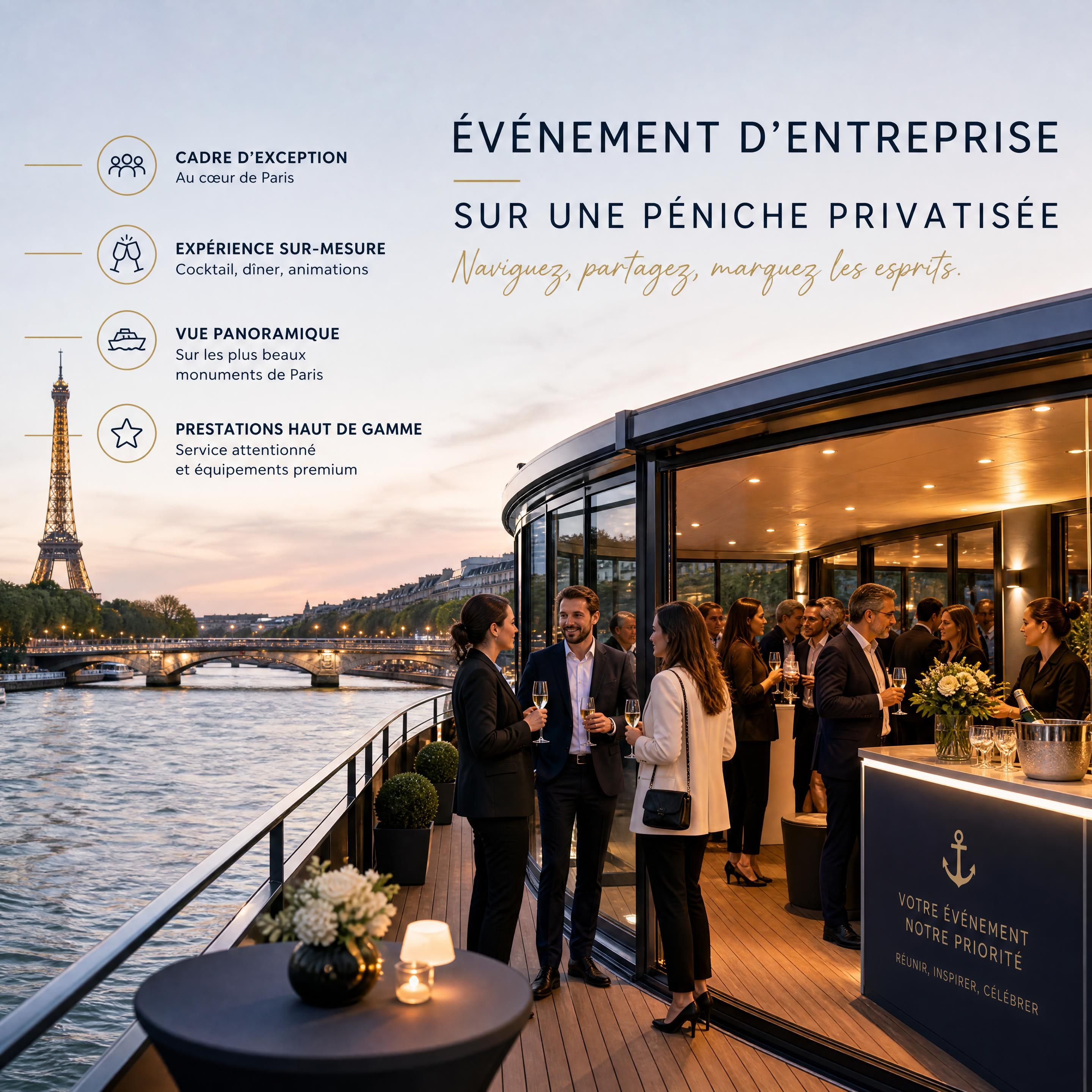 Événement d'entreprise haut de gamme sur une péniche privatisée naviguant sur la Seine à Paris