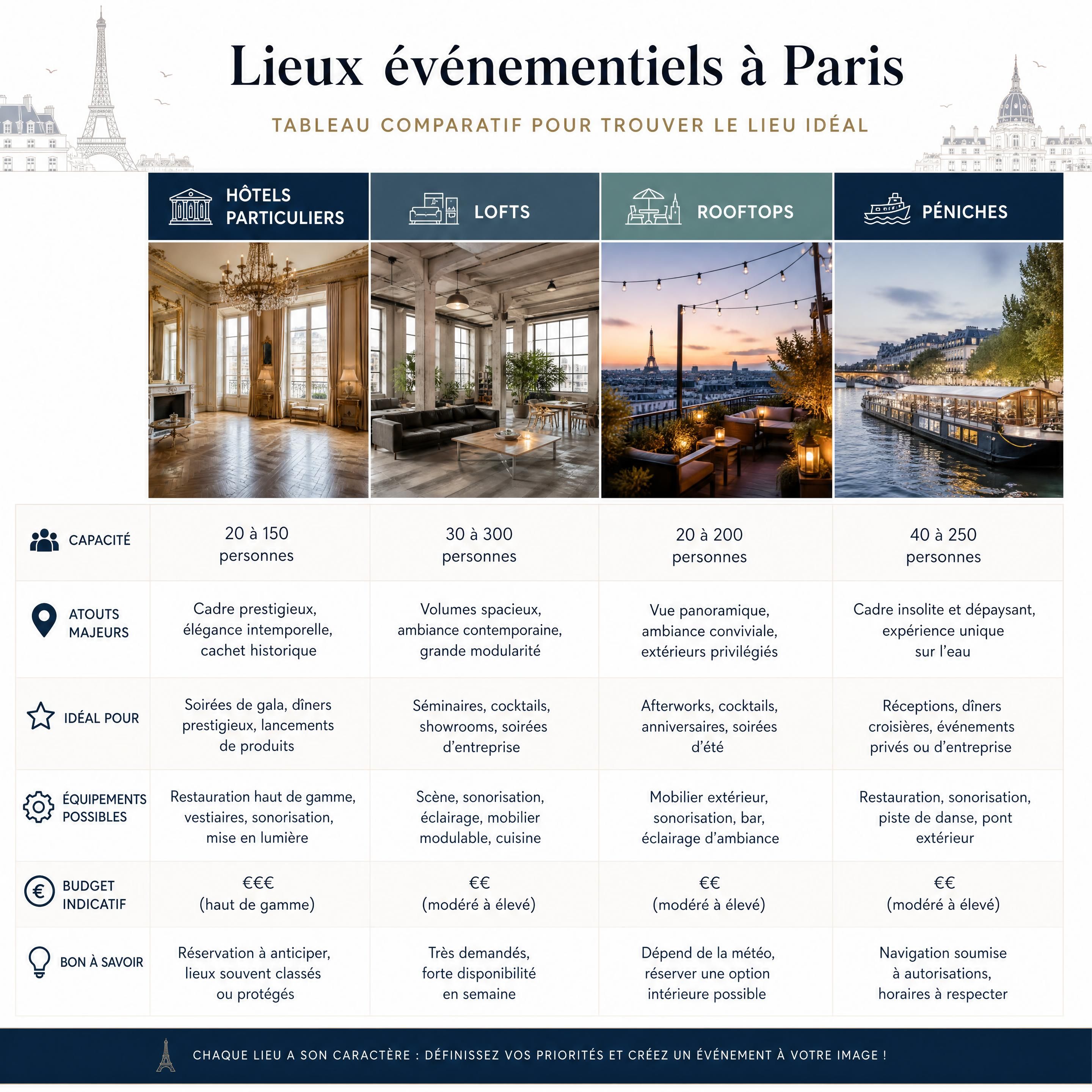 Tableau comparatif des lieux evenementiels a Paris presentant les hotels particuliers les lofts les rooftops et les peniches