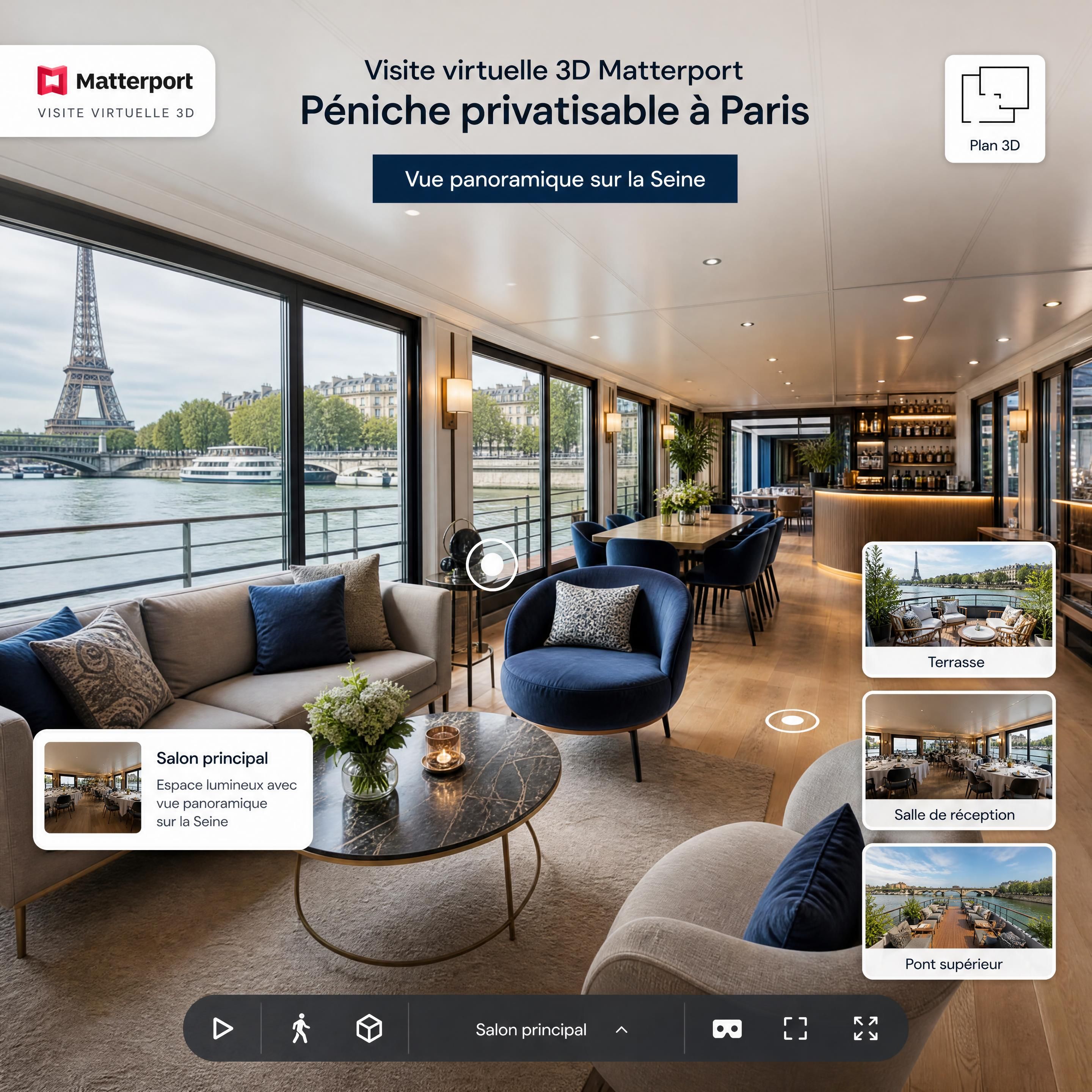 Aperçu d'une visite virtuelle 3D Matterport montrant l'intérieur d'une péniche privatisable à Paris avec vue panoramique sur la Seine