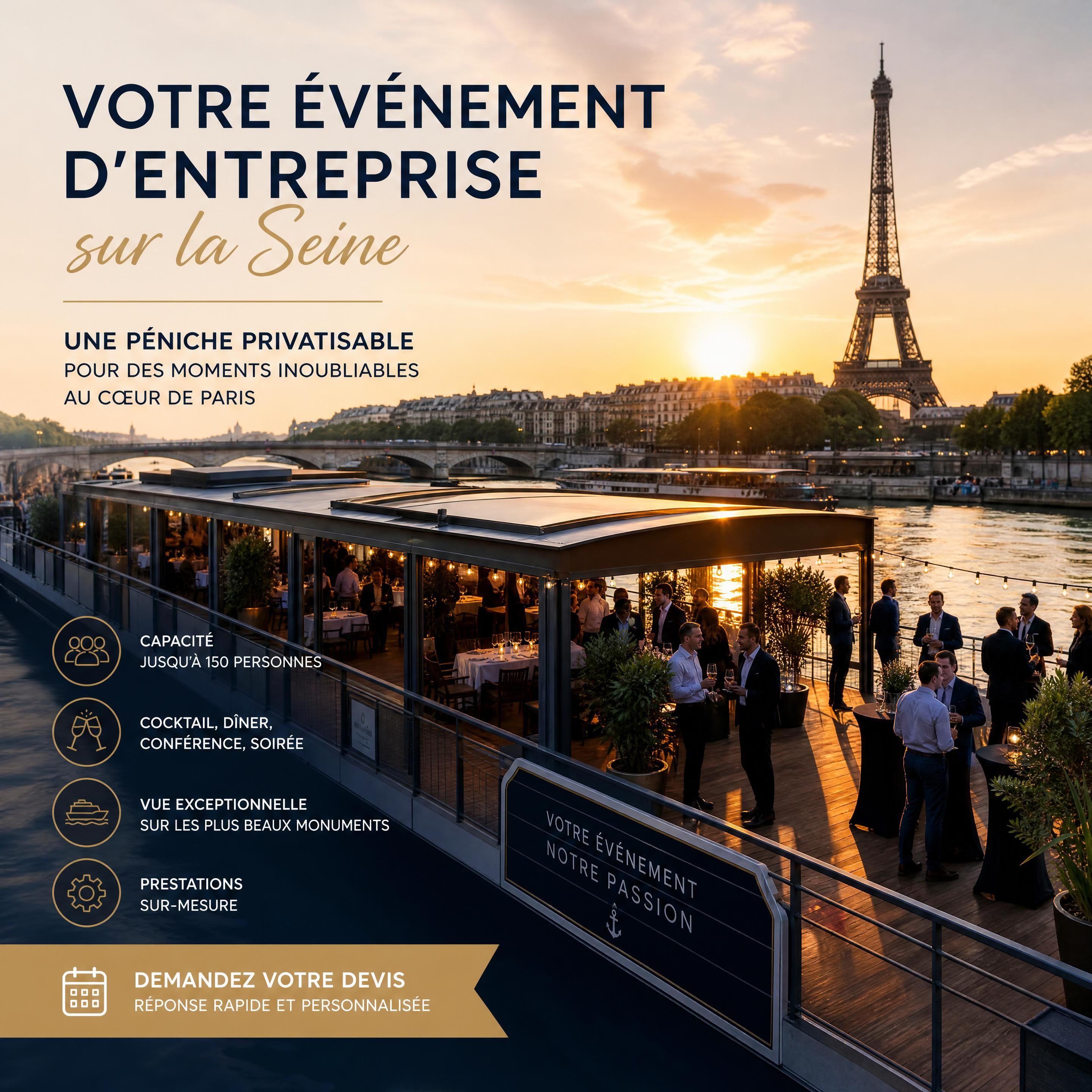 Vue panoramique d'une péniche privatisable sur la Seine à Paris lors d'un événement d'entreprise au coucher du soleil
