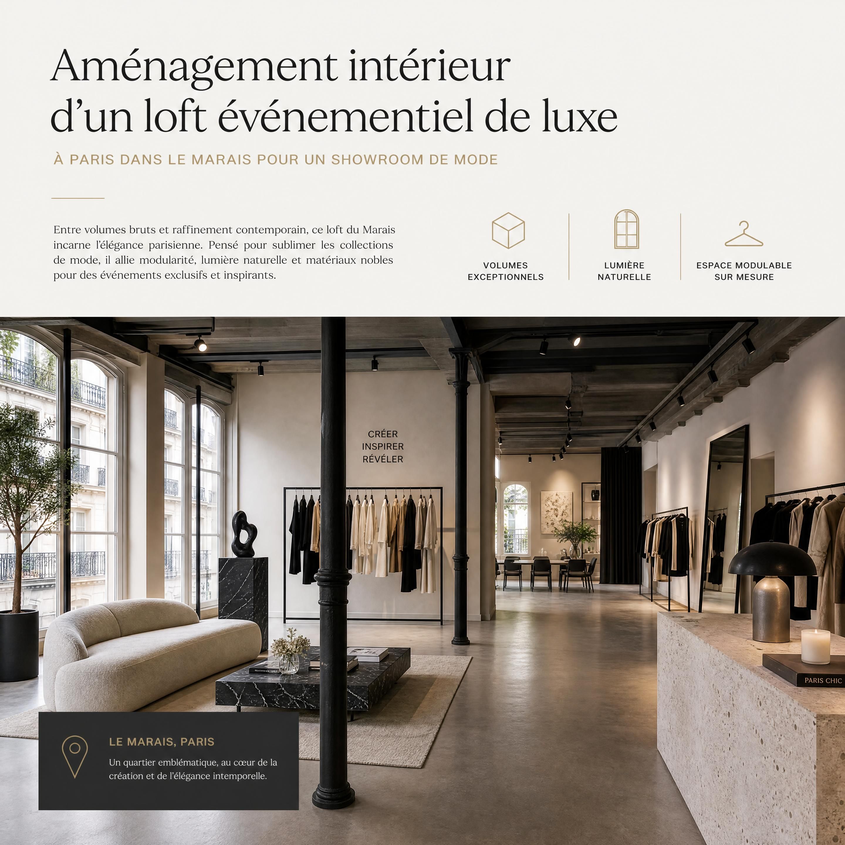 Aménagement intérieur d'un loft événementiel de luxe à Paris dans le Marais pour un showroom de mode