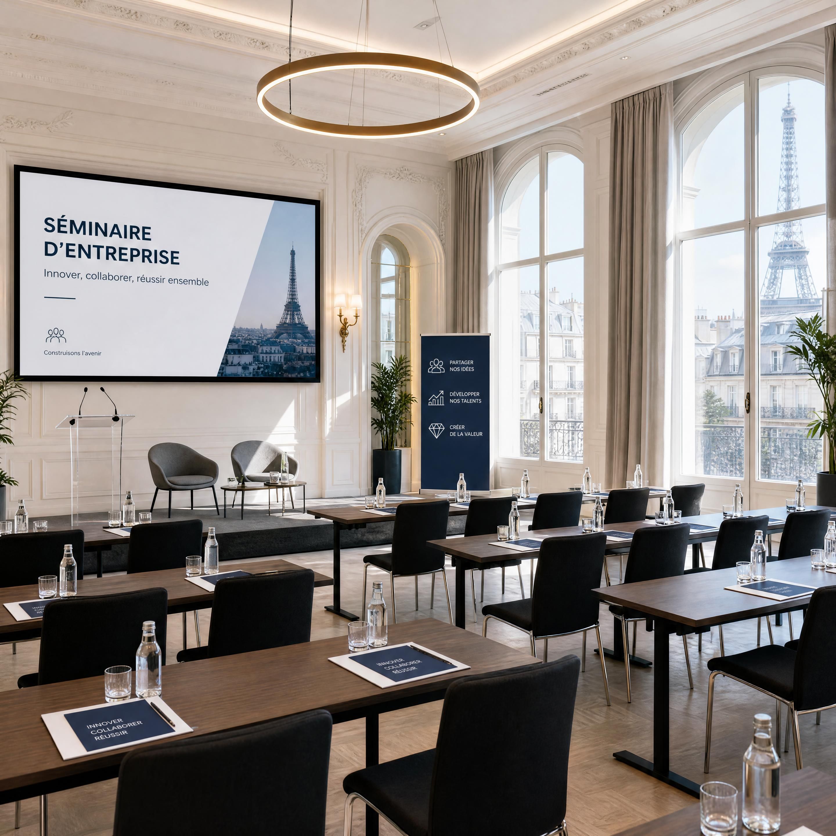 Vue intérieure d'une prestigieuse salle événementielle parisienne moderne et lumineuse aménagée pour un séminaire d'entreprise