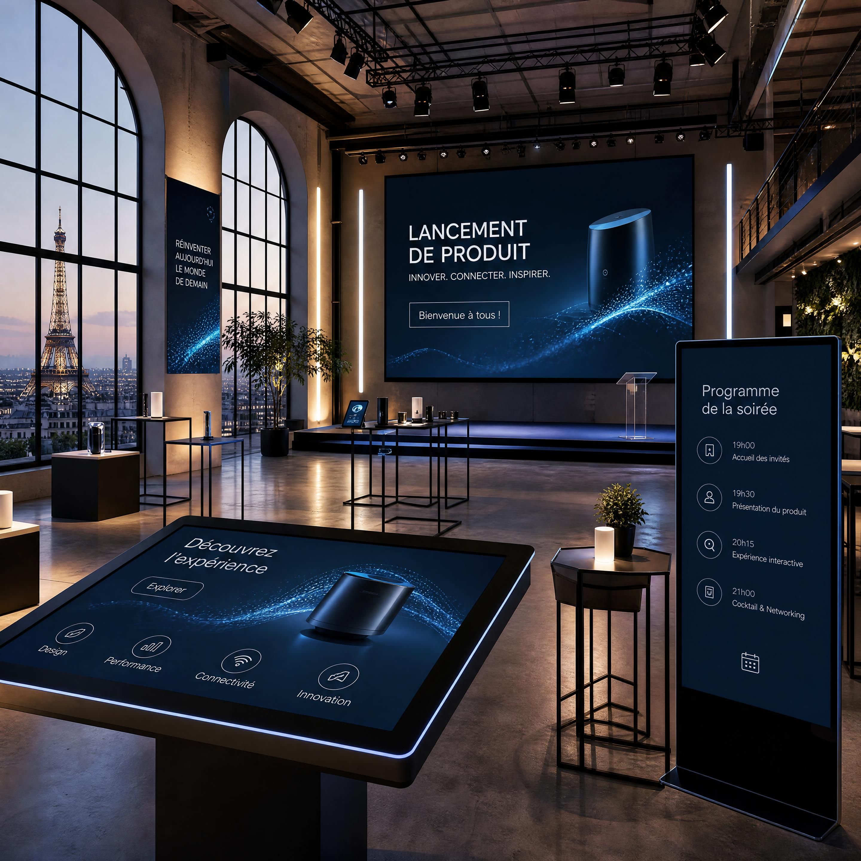 Un loft événementiel parisien ultra-moderne équipé d'écrans interactifs et de dispositifs technologiques haut de gamme pour un lancement de produit