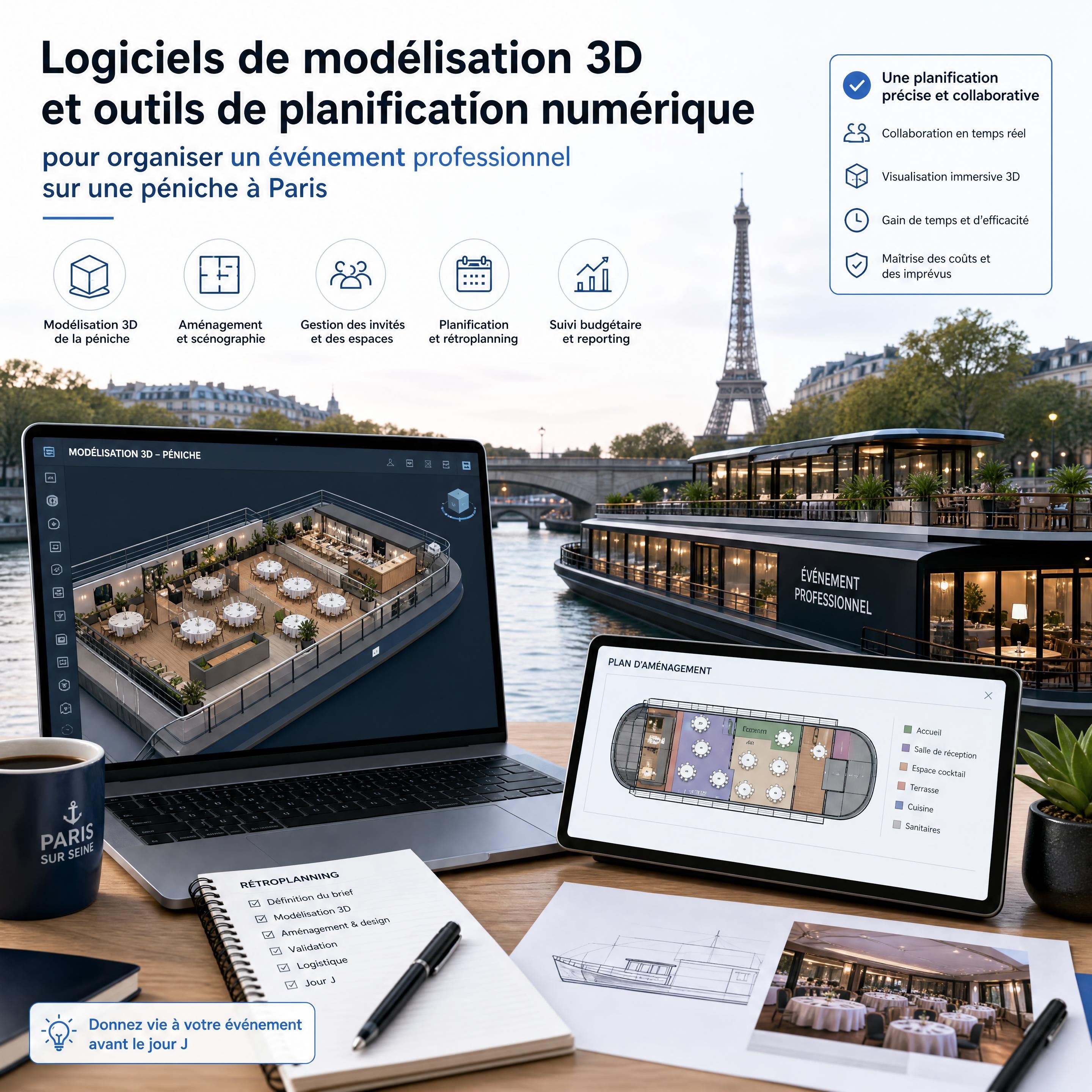 Logiciels de modélisation 3D et outils de planification numérique pour organiser un événement professionnel sur une péniche à Paris