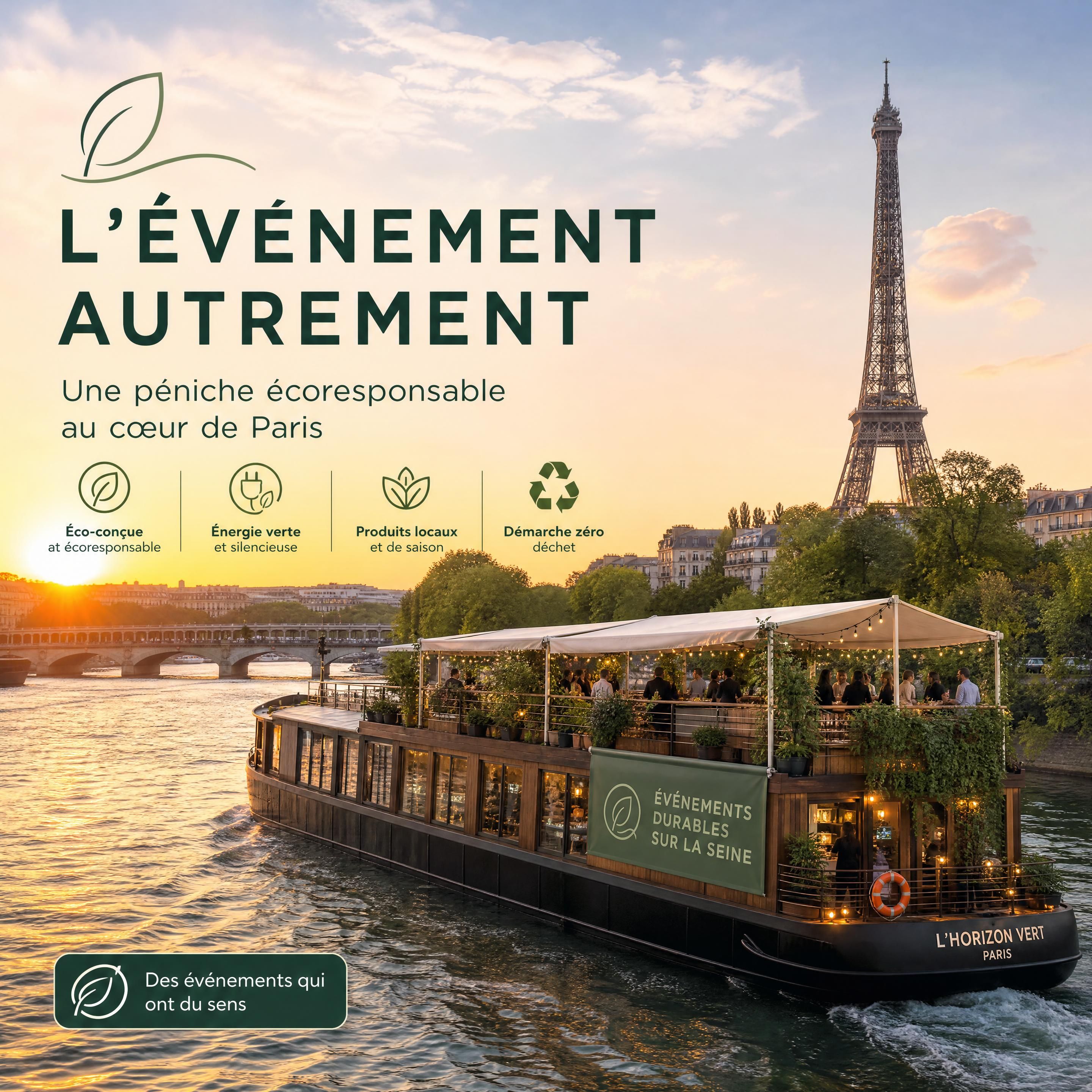 Péniche événementielle écoresponsable naviguant sur la Seine à Paris au coucher du soleil