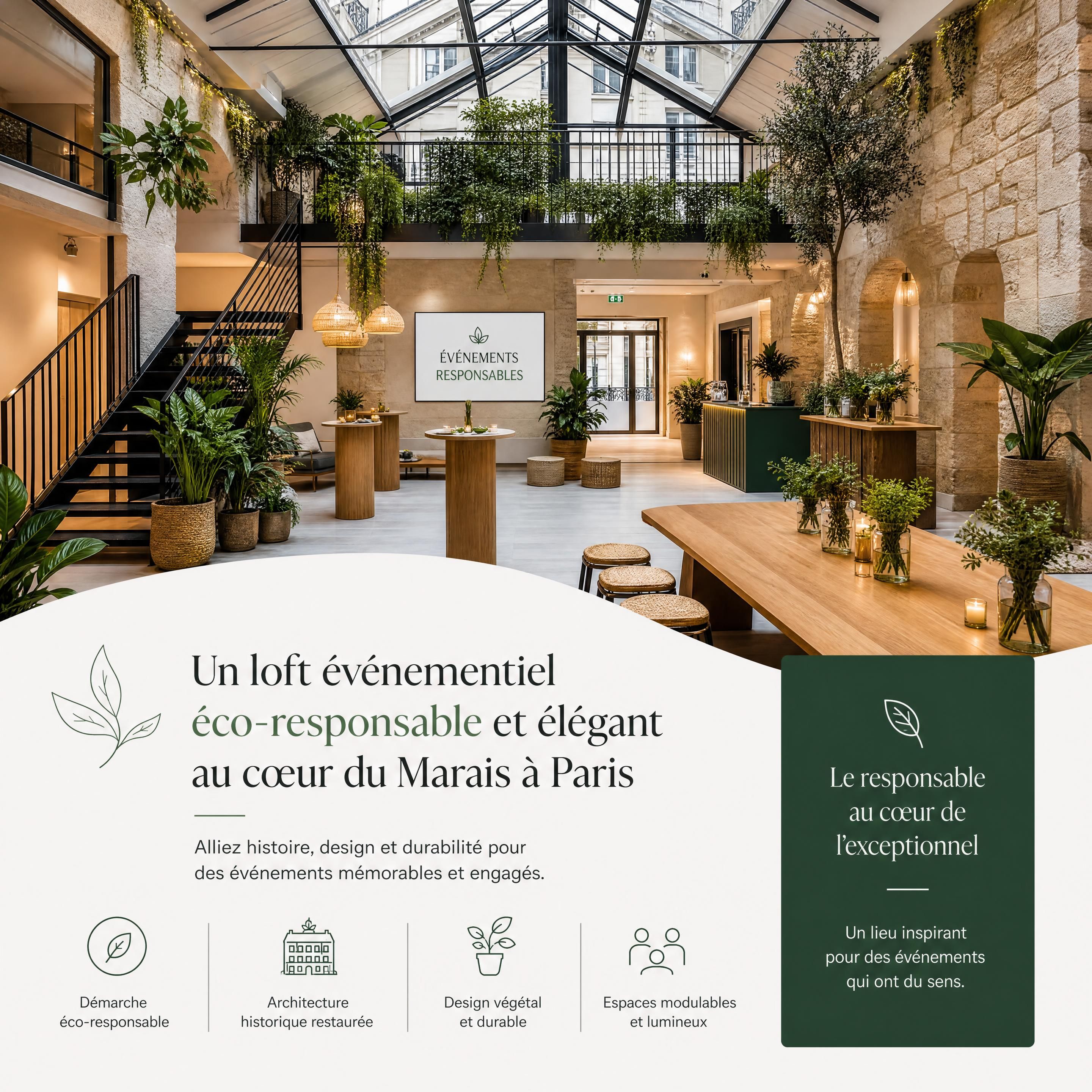 Un loft événementiel éco-responsable et élégant au cœur du Marais à Paris, mêlant architecture historique restaurée et design végétal durable