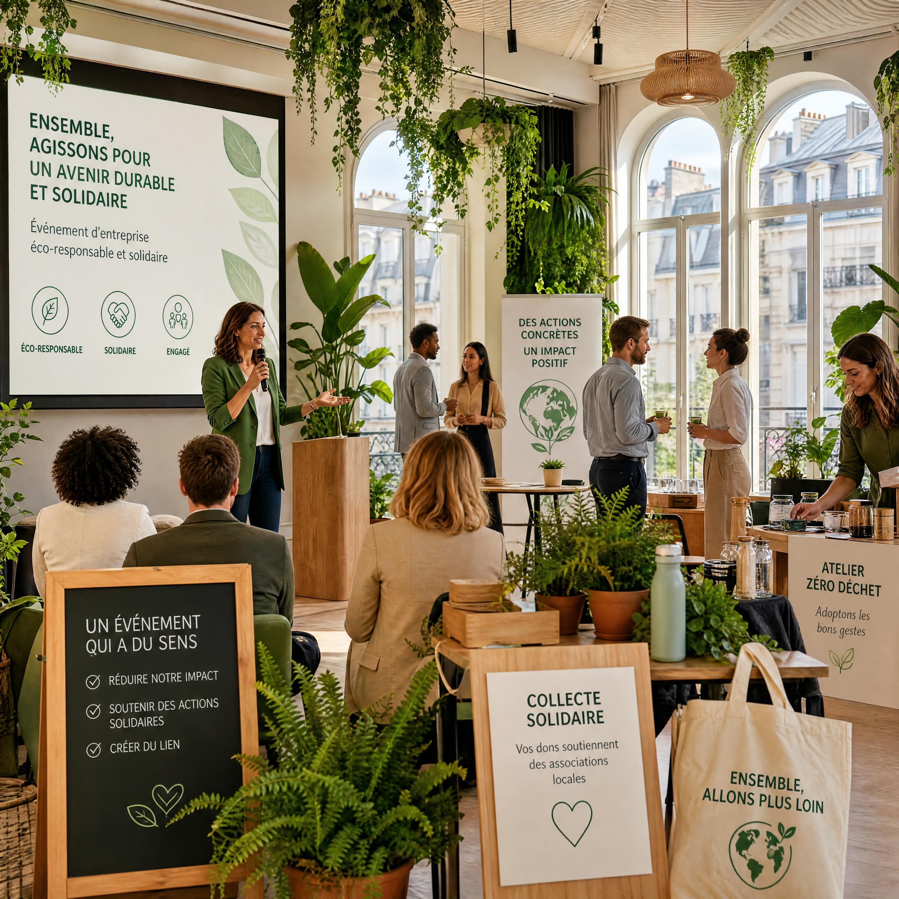 Un événement d'entreprise éco-responsable et solidaire dans une salle parisienne végétalisée et lumineuse
