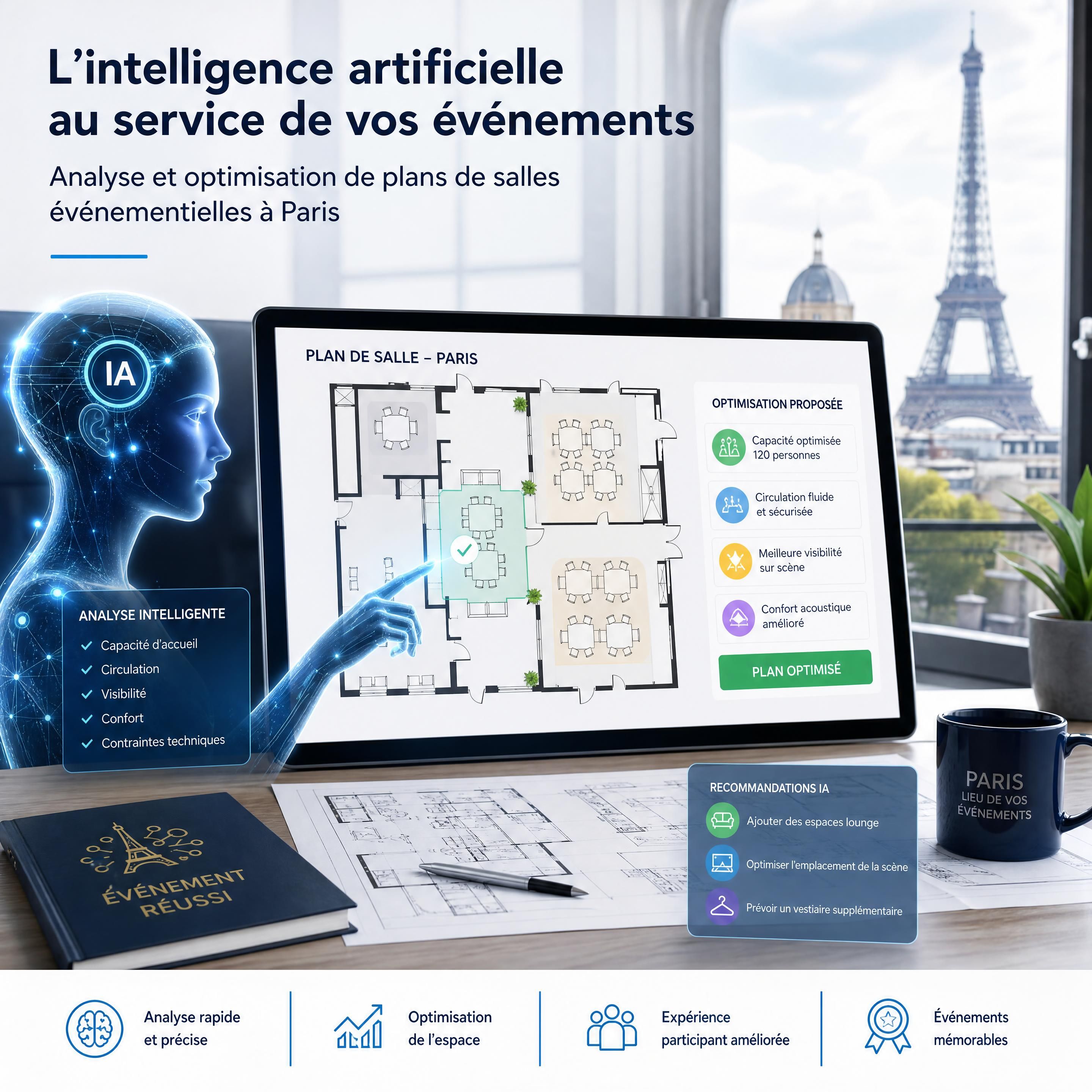 Représentation technologique de l'intelligence artificielle analysant des plans de salles événementielles à Paris pour optimiser l'espace