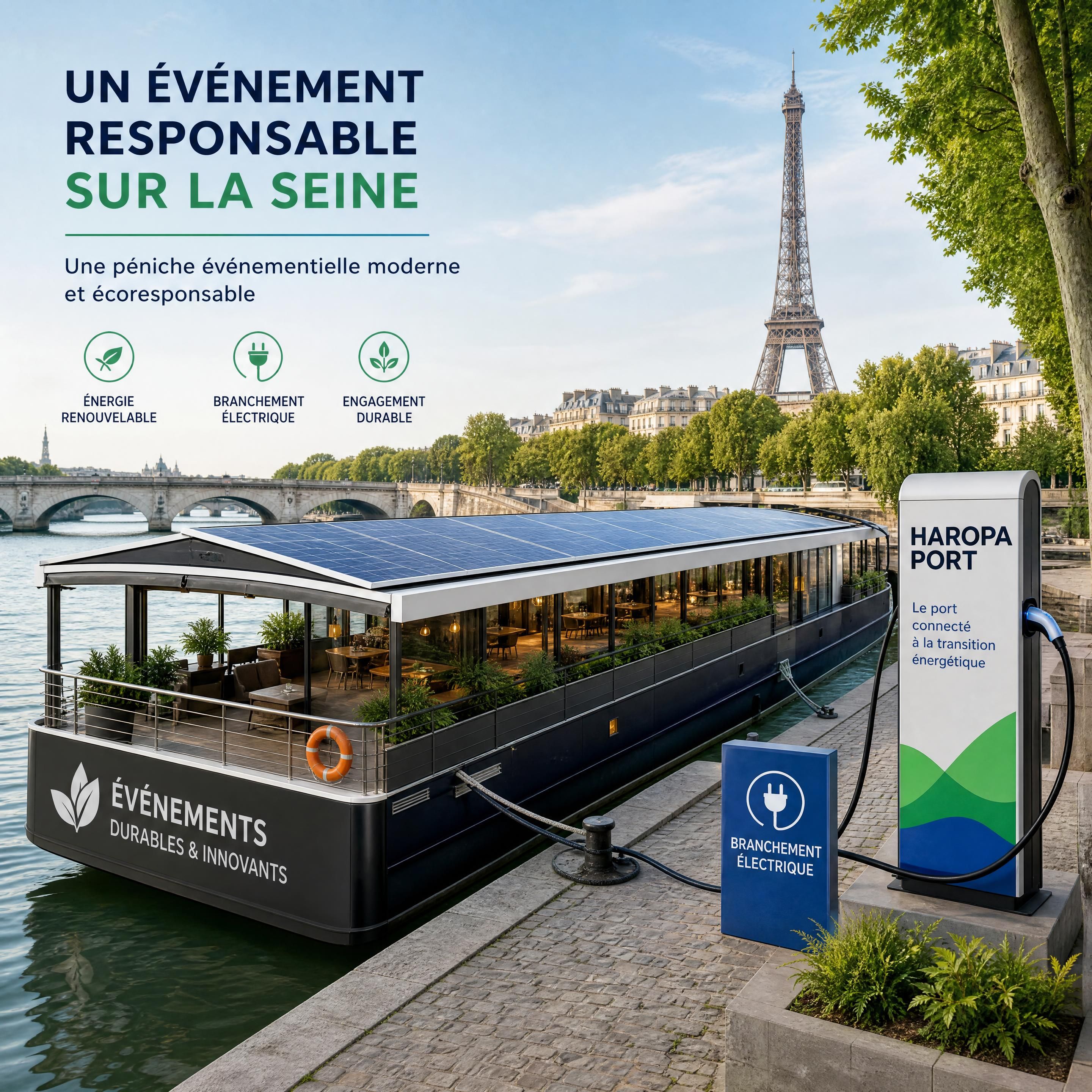 Une péniche événementielle moderne et écoresponsable amarrée sur la Seine à Paris, équipée de panneaux solaires et branchée à une borne de recharge électrique de HAROPA PORT