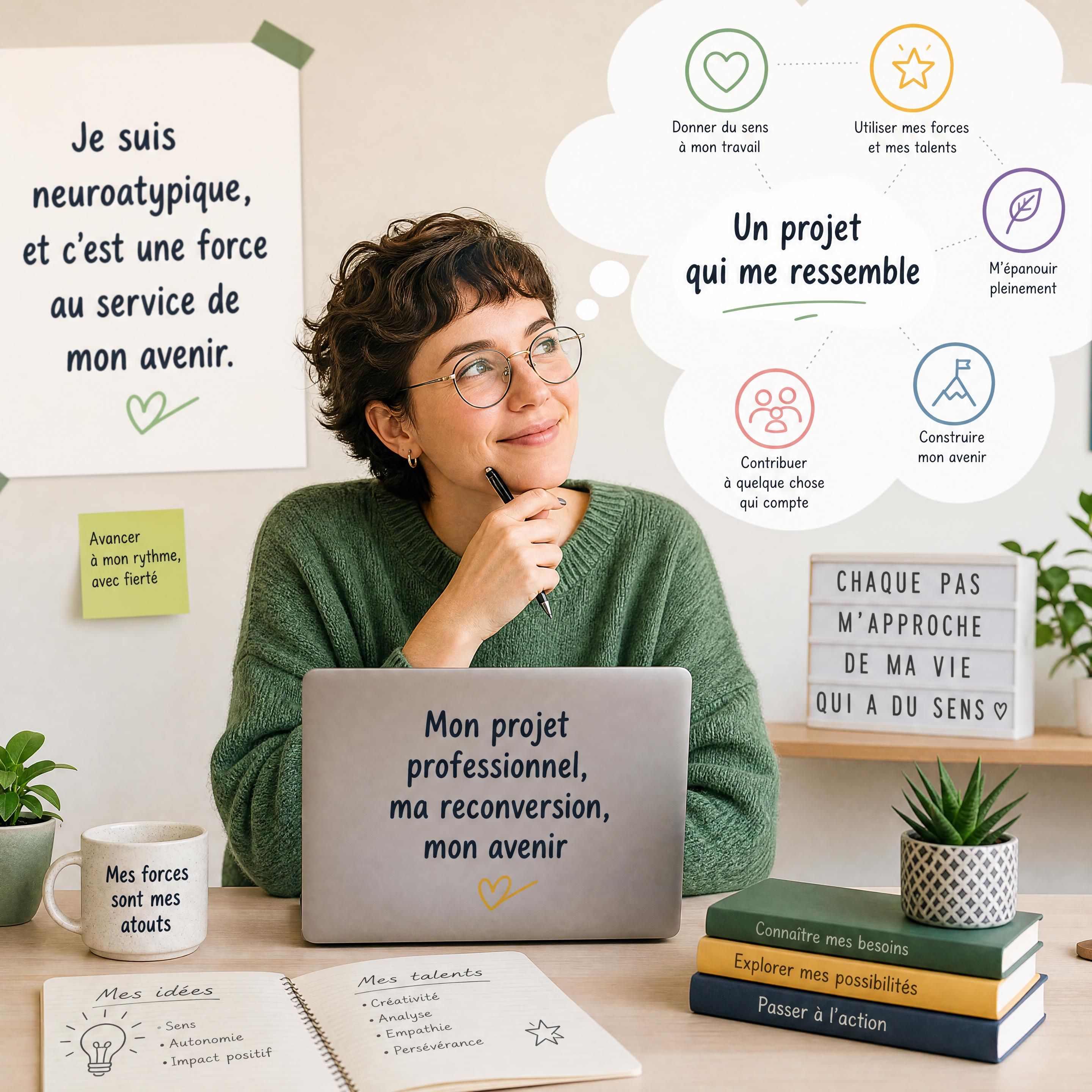 Personne neuroatypique souriante devant son ordinateur portable, réfléchissant à son projet professionnel et sa reconversion