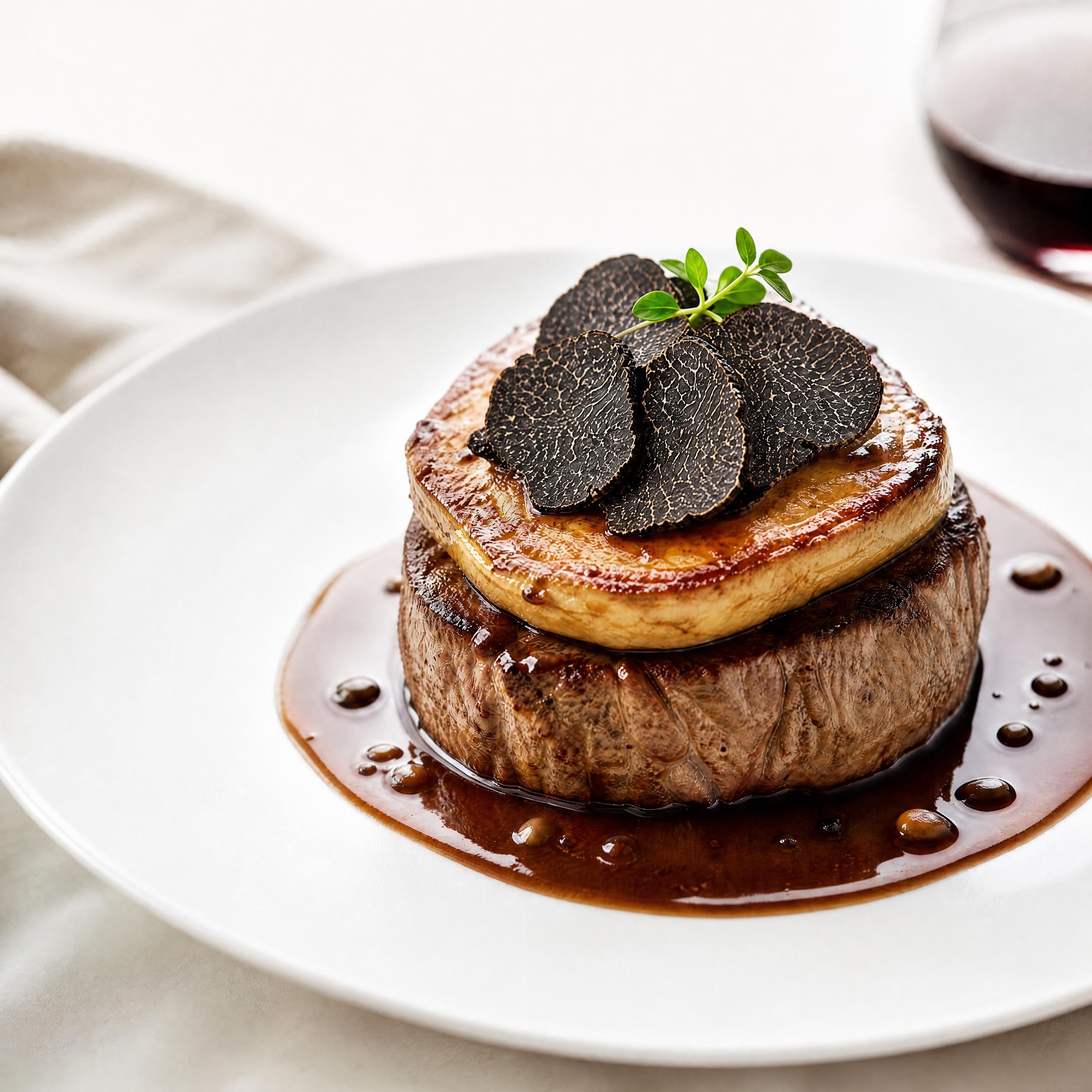 tournedos Rossini dressé avec foie gras, truffe noire et sauce au madère dans une assiette blanche