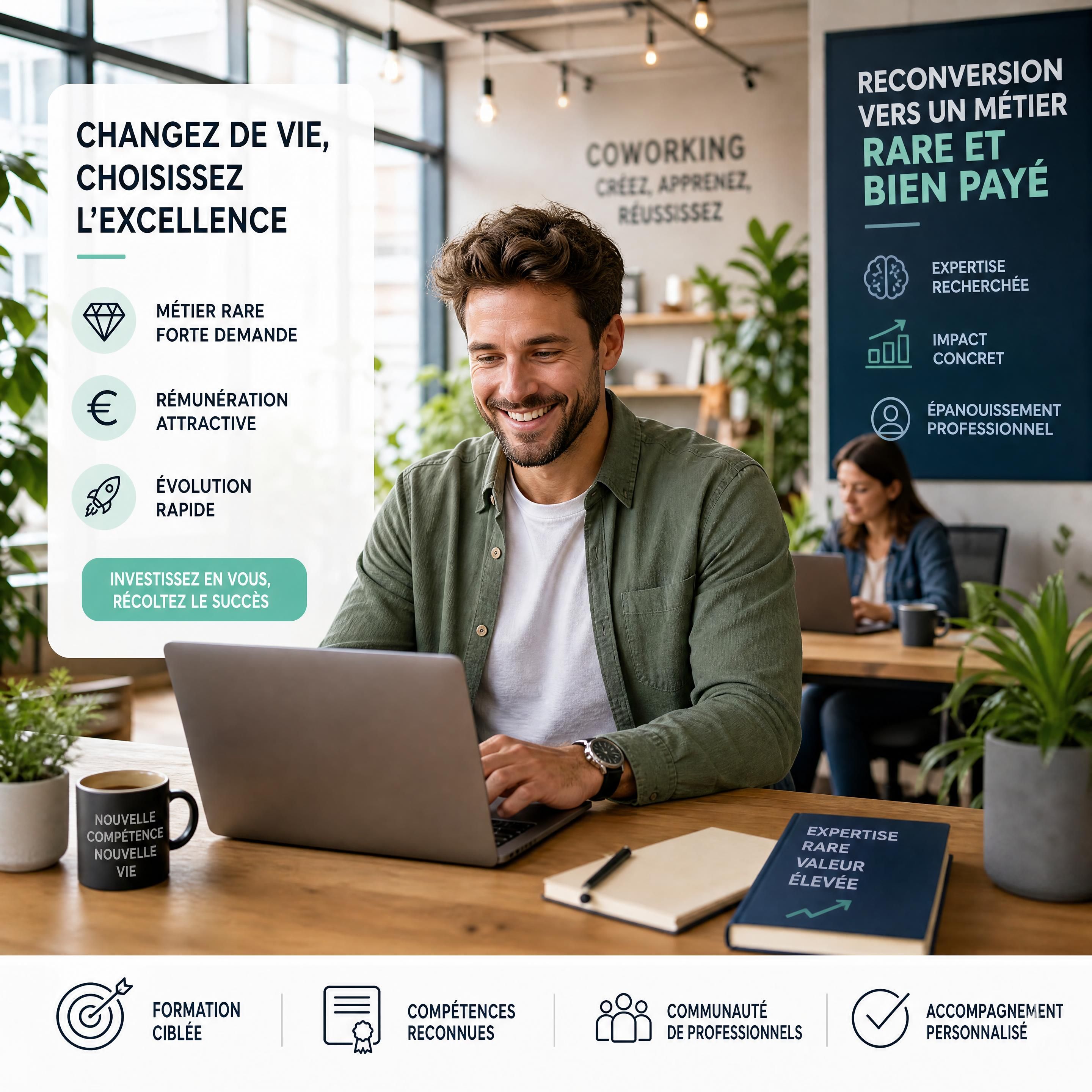 Un professionnel épanoui travaillant sur son ordinateur portable dans un espace de coworking lumineux, illustrant une reconversion vers un métier rare et bien payé