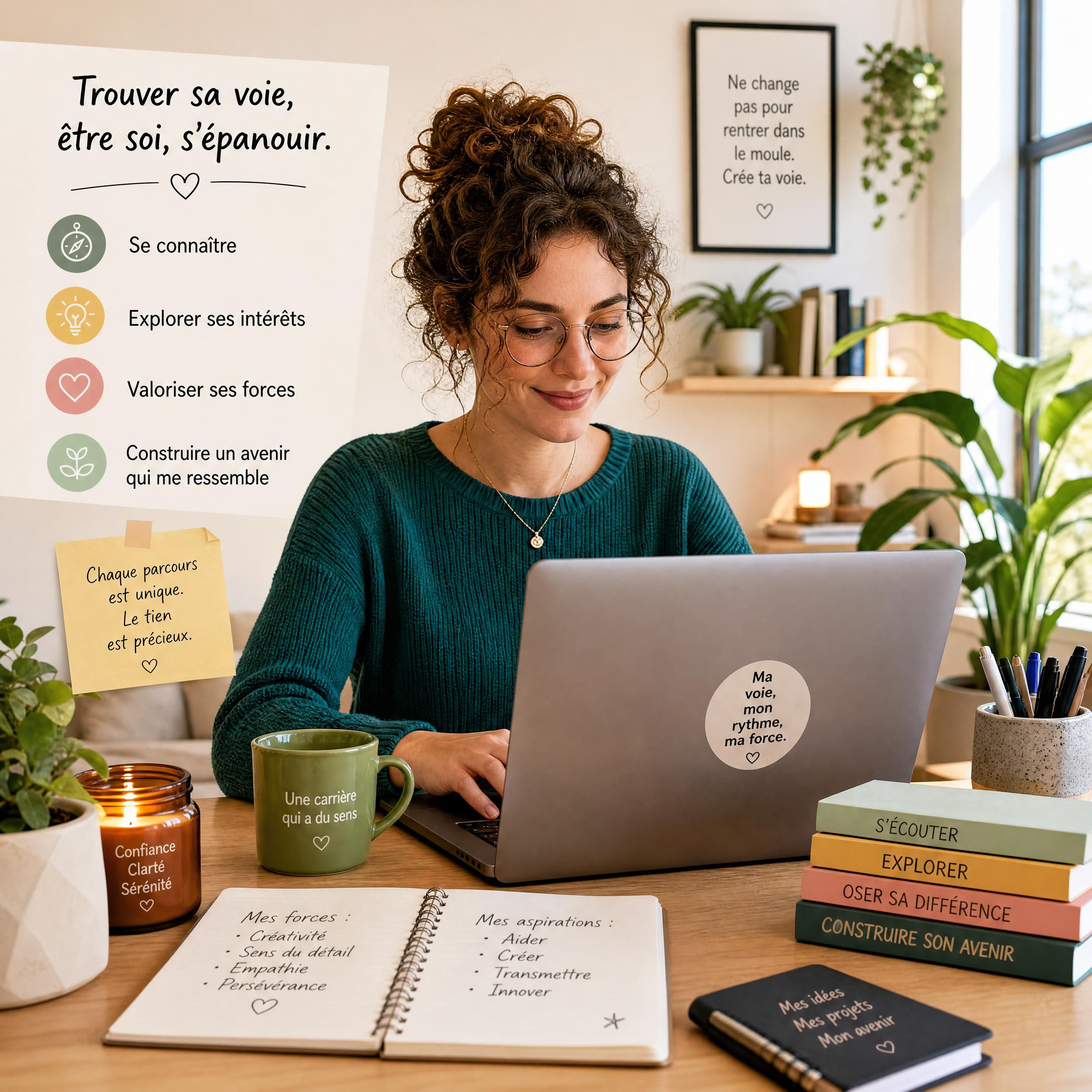 Une personne neuroatypique épanouie travaillant sur son ordinateur portable depuis chez elle, illustrant la recherche de sa voie professionnelle