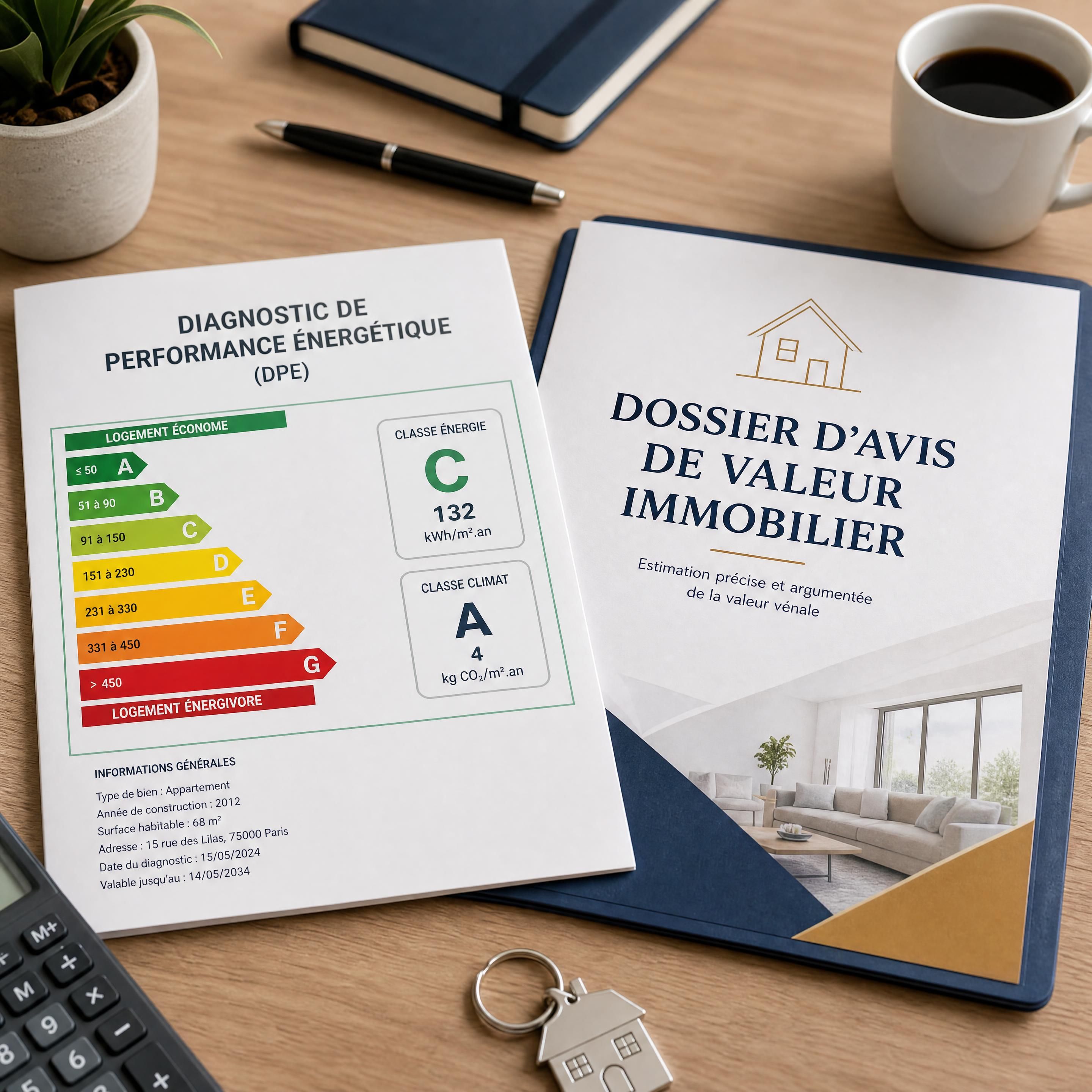 Diagnostic de performance énergétique et dossier d’avis de valeur immobilier posé sur une table — Mimizan — Olivier Roussel, conseiller immobilier IAD France à Mimizan (Landes, 40)
