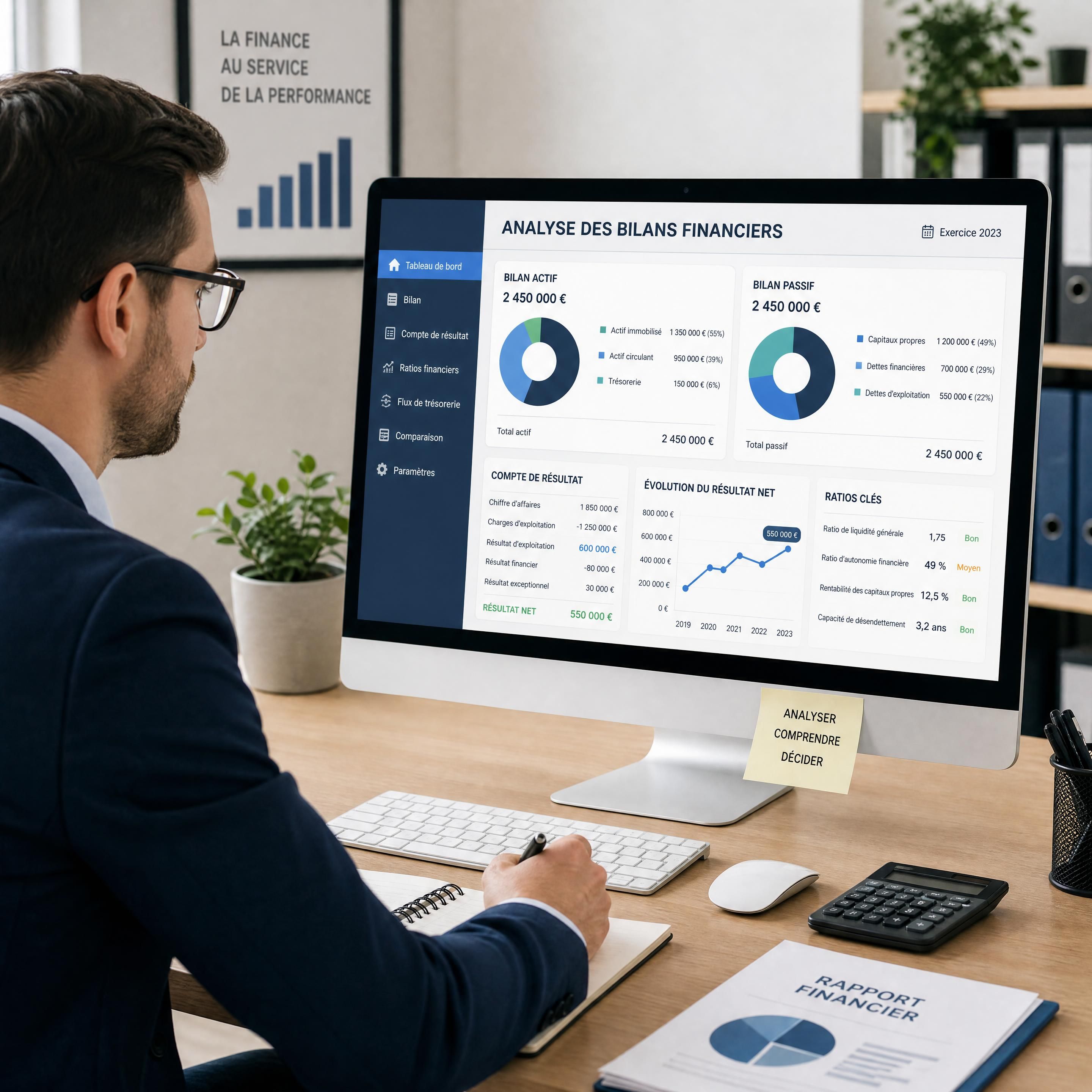 Un professionnel de la comptabilité analysant des bilans financiers sur un écran d'ordinateur