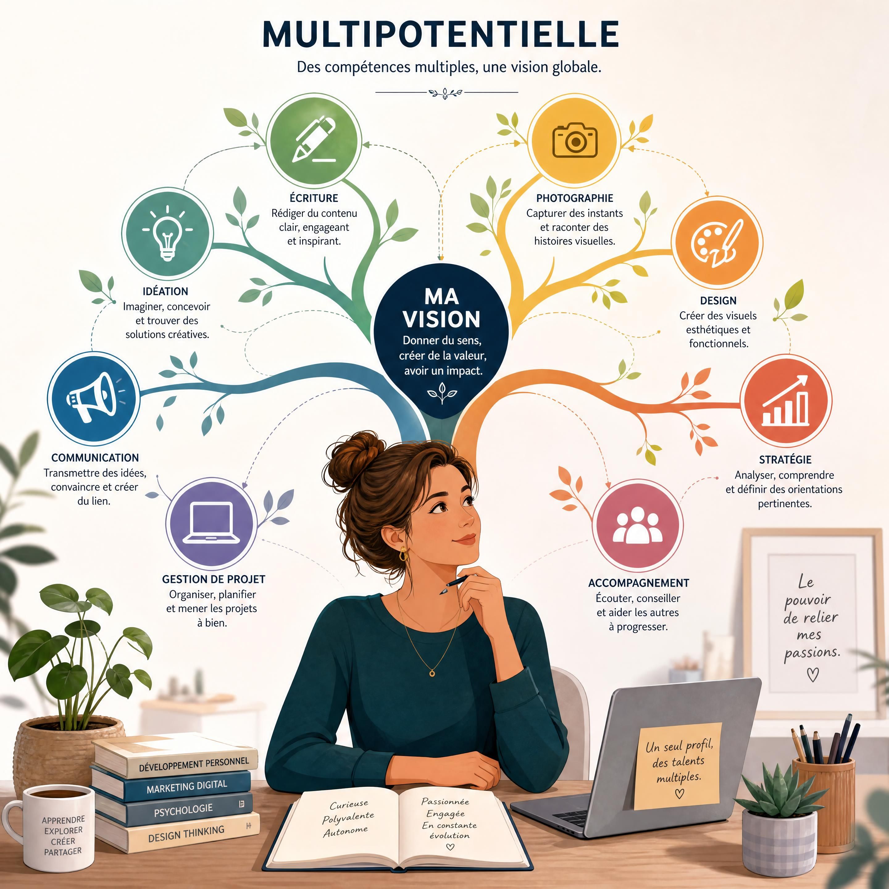 Illustration conceptuelle représentant une personne multipotentielle organisant harmonieusement ses différentes compétences professionnelles sous forme de branches interconnectées
