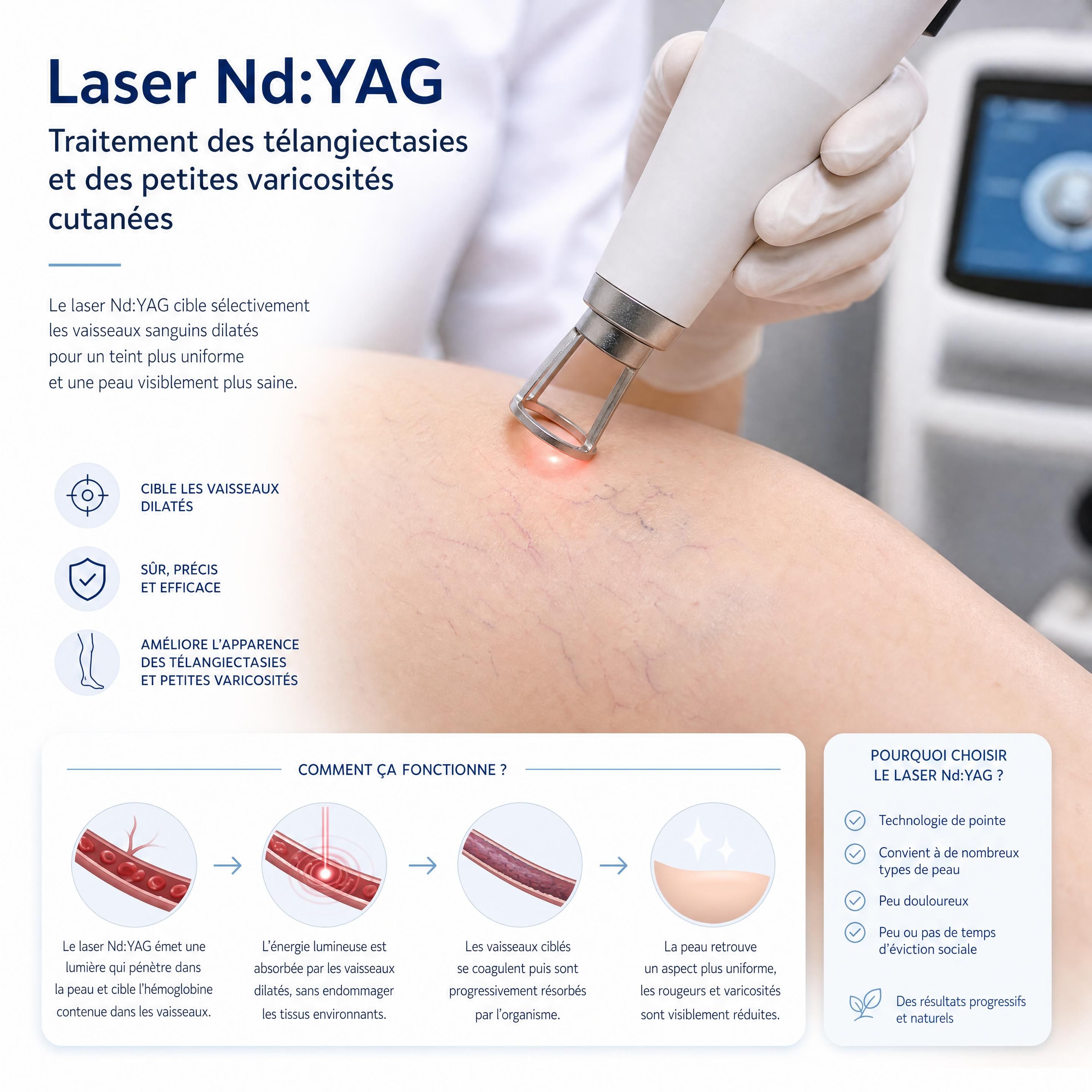 Application d'un laser Nd:YAG sur des télangiectasies et de petites varicosités cutanées